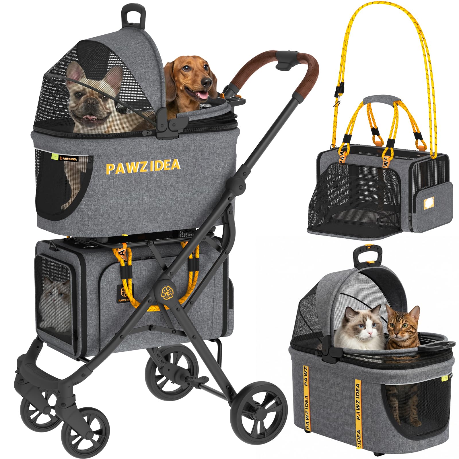PAWZIDEA Double Pet Stroller with 2 Detachable Carriers, Portable Dog Crate for Car Travel & TSA-Approved Expandable Cat Carrier, Foldable Lightweight Jogger Stroller for 2–4 Cats or Small/Medium Dogs
