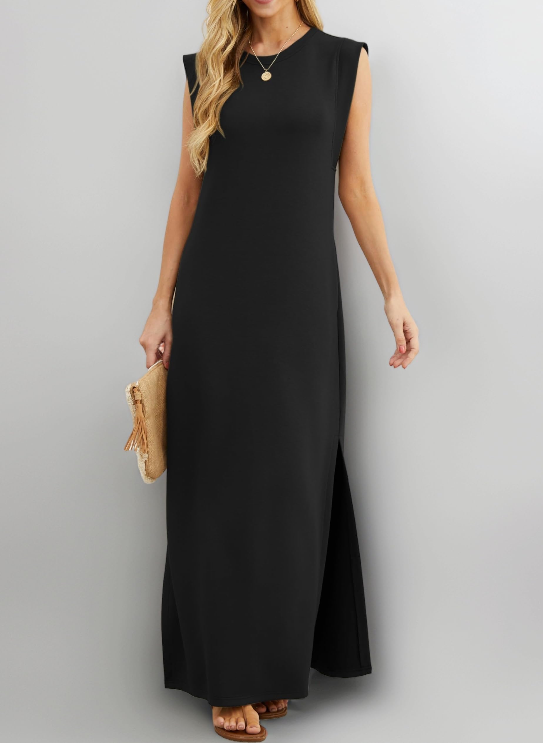 Womens Summer Maxi Dress Casual Shirt Dresses Elegant Styles Basic Sleeveless Maxi Dresses for Women UK with Split and Pockets