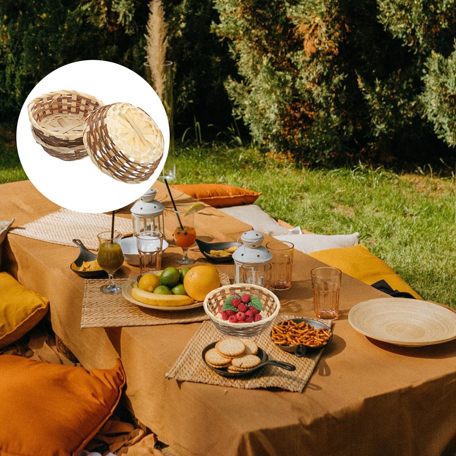 MAGICLULU 3pcs rattan serving dish tray Round Hand- Woven Fruit Basket Woven Fruit Storage Basket Natural Round Storage Basket for Home Kitchen Snack Gift small wicker Basket snack storage tray