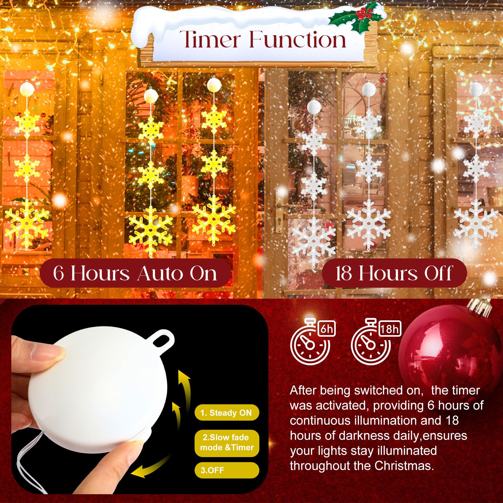Tujoe 8 Stück Timer Weihnachten Fenster Lichter Dekorationen Schneeflocke Weihnachten Hängeleuchten mit Saugnapf, 2 Modi, batteriebetrieben für Weihnachten, Urlaub, Neujahr, Außen- und Innendekoration