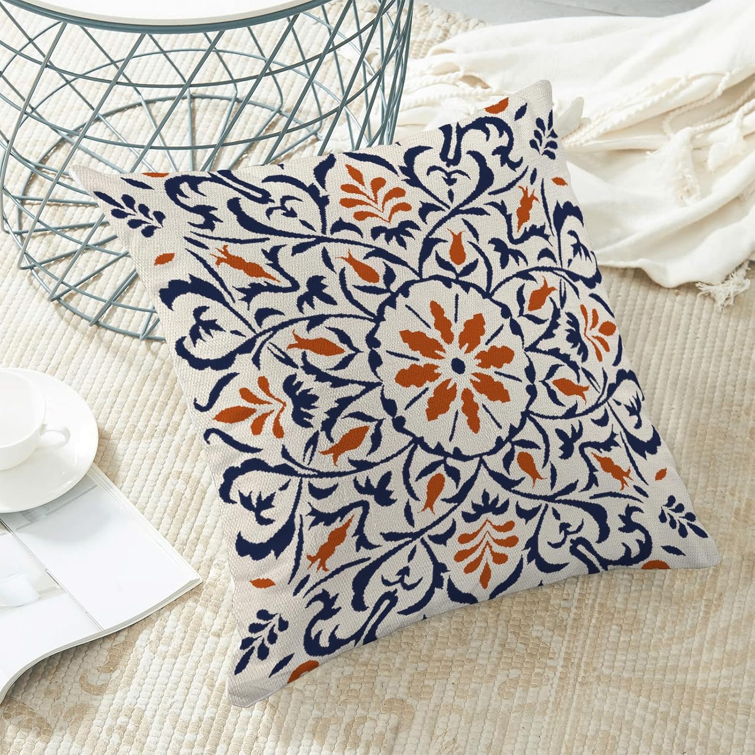 Navy Blue Orange Boho Pillow Covers 18x18 Set of 2, Bohemian Ethnic Carpet Pattern Design Decorative Throw Pillows Linen Blue Print Farmhouse Cushion Pillow Covers for Sofa Couch Outdoor Decor - Image 5