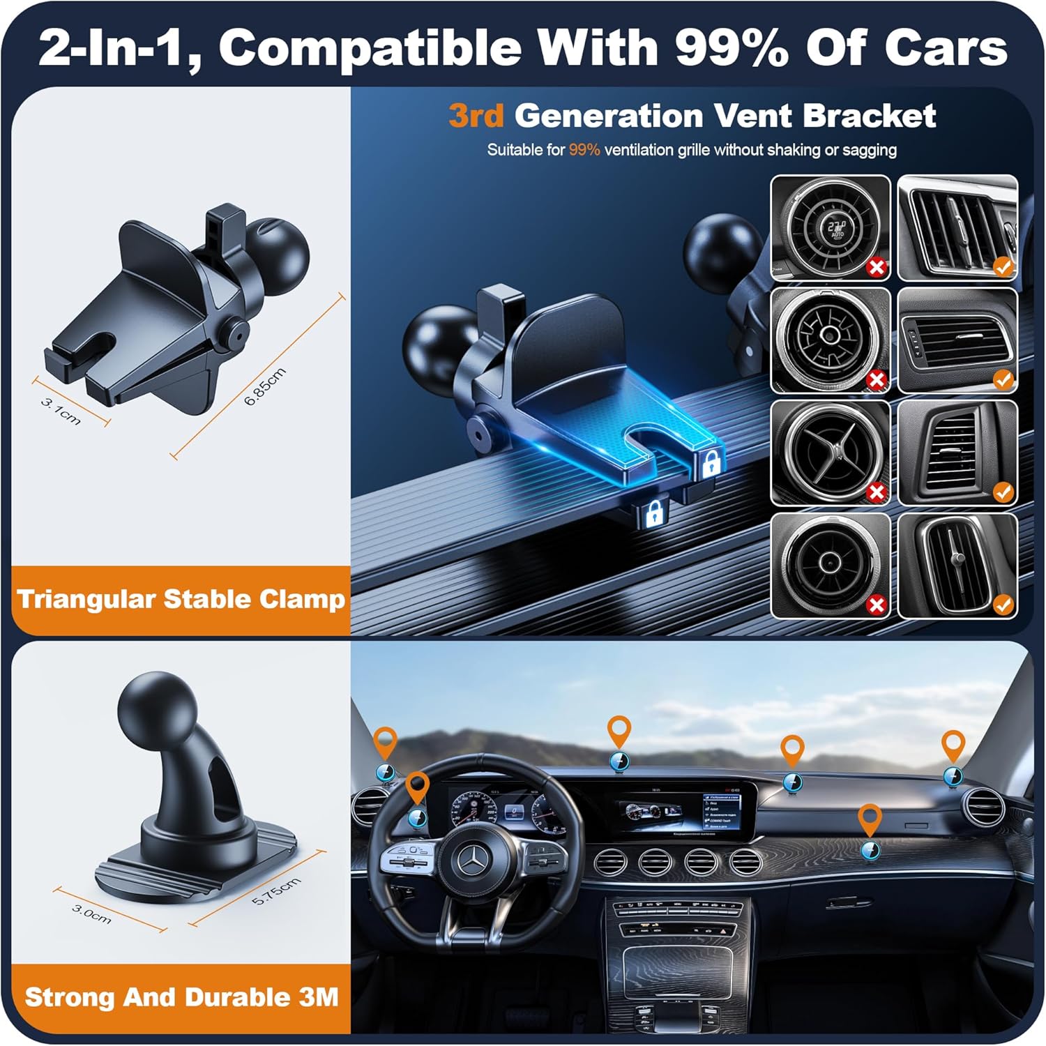Diagram showing the air vent clip and dashboard mount options for the car charger.