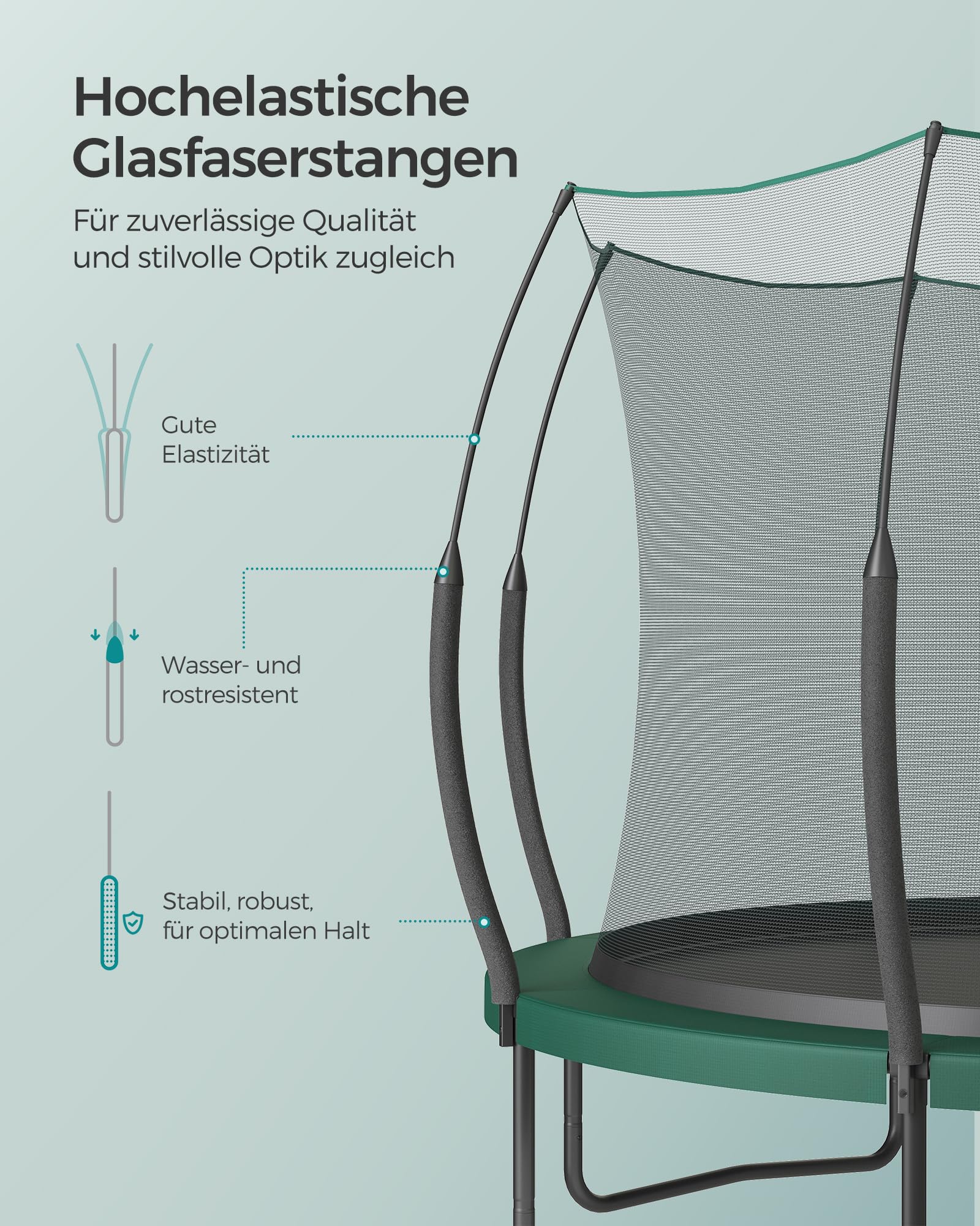SONGMICS Federloses Trampolin Outdoor Ø 244/305/366 cm, Kindertrampolin Gartentrampolin, elastische Seile, Sicherheitsnetz mit Reißverschluss, Glasfaserstangen, sicher, geräuscharm