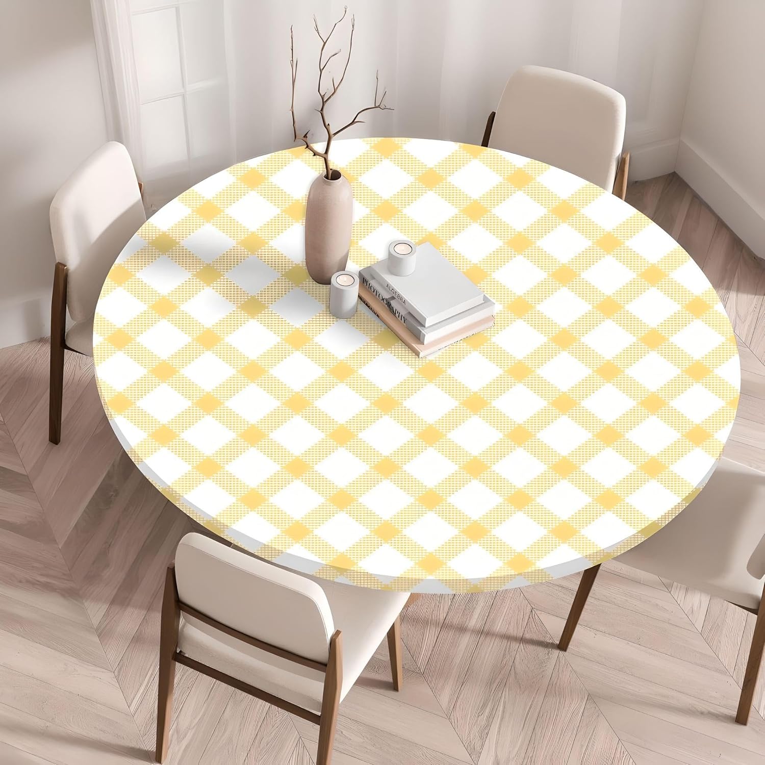 Waterproof Tablecloth Elastic Edged Tablecloth Wipeable Table Cloth Table Cover for Outdoor, Patio, Kitchen and Dining Room 43" Inch Round Tight Fit Grid Yellow