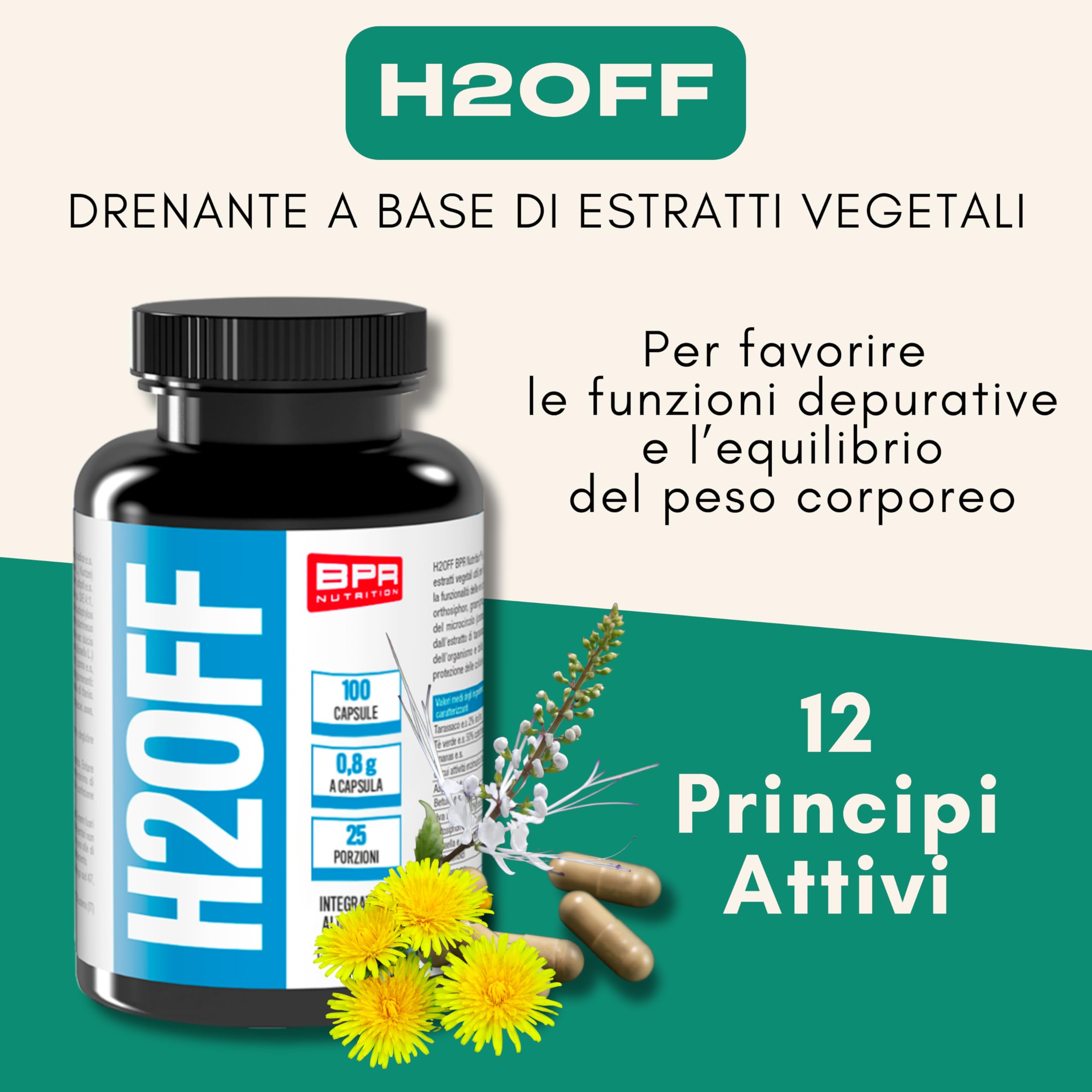 BPR Nutrition - H2OFF Drenante in capsule a base di estratti vegetali con funzione depurativa, drenante e antiossidante, favorisce il microcircolo e contrasta gli inestetismi della cellulite