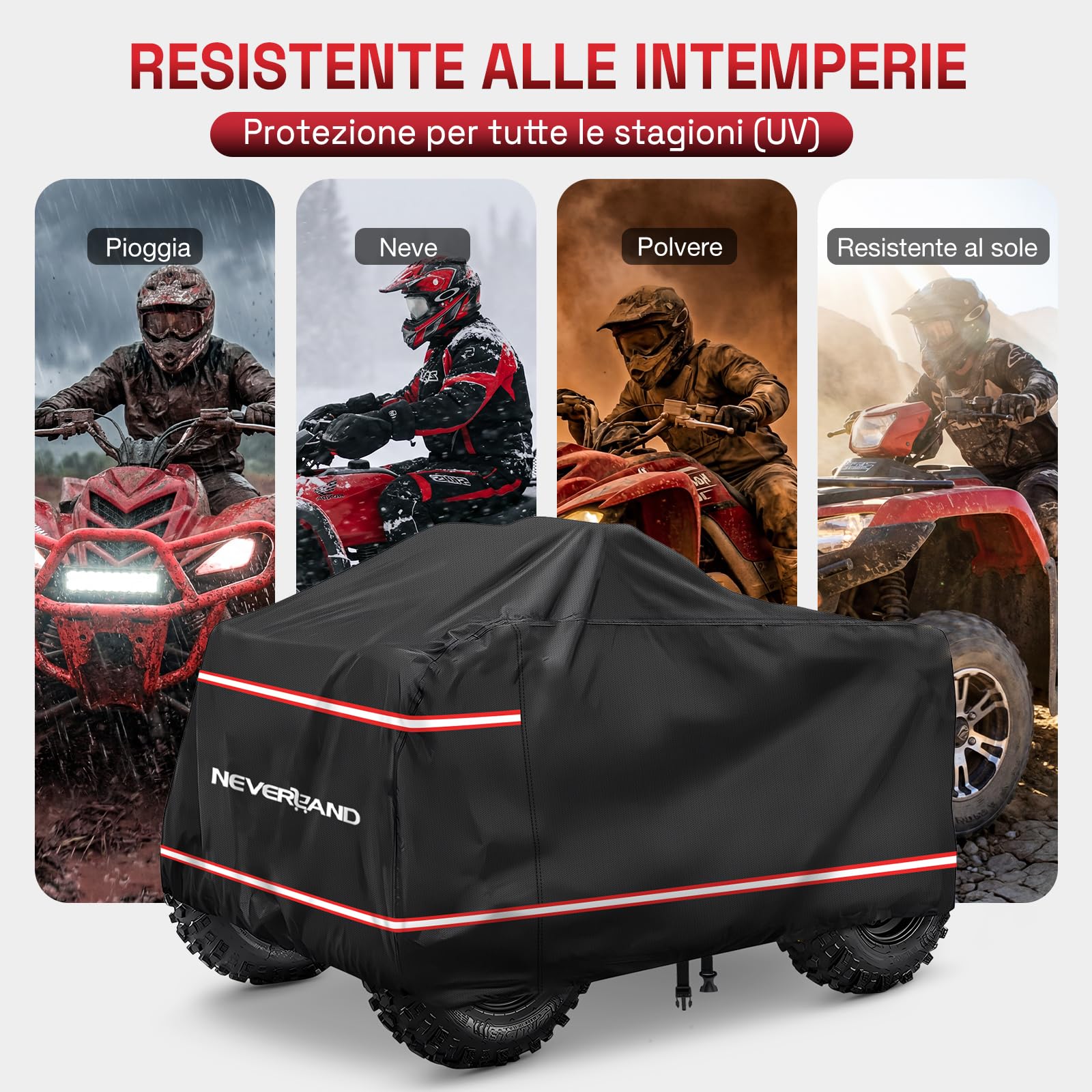 NEVERLAND Copertura ATV Quad 4 Ruote – Quad Protezione Impermeabile Oxford 210D Nero/Rosso con Strisce di Avvertimento Rosse, Elastico e Fibbie Antivento XL (210 x 120 x 115 cm)