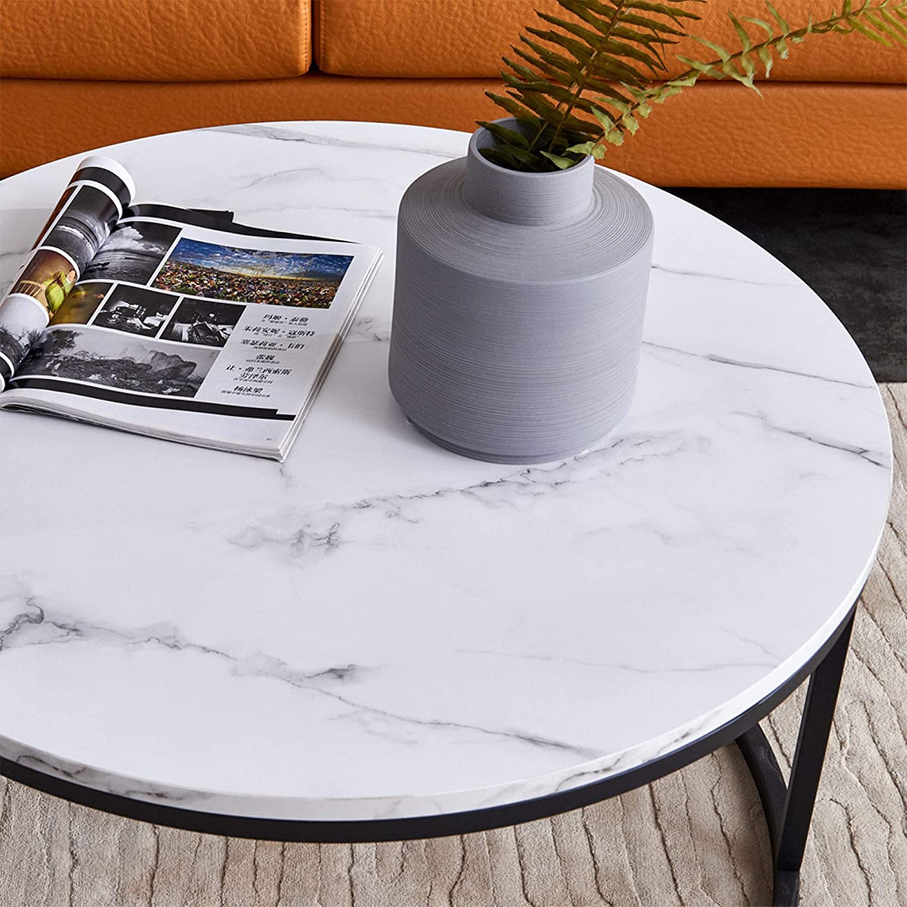 Lot de 2 Tables Basses Gigognes Blanc avec Cadre Doré ; Tables Basses Rondes Modernes pour Salon, Chambre, Balcon, Bureau. Grande: 80 * 80 * 45cm; Petite:60 * 60 * 35cm (Blanc+Noir)