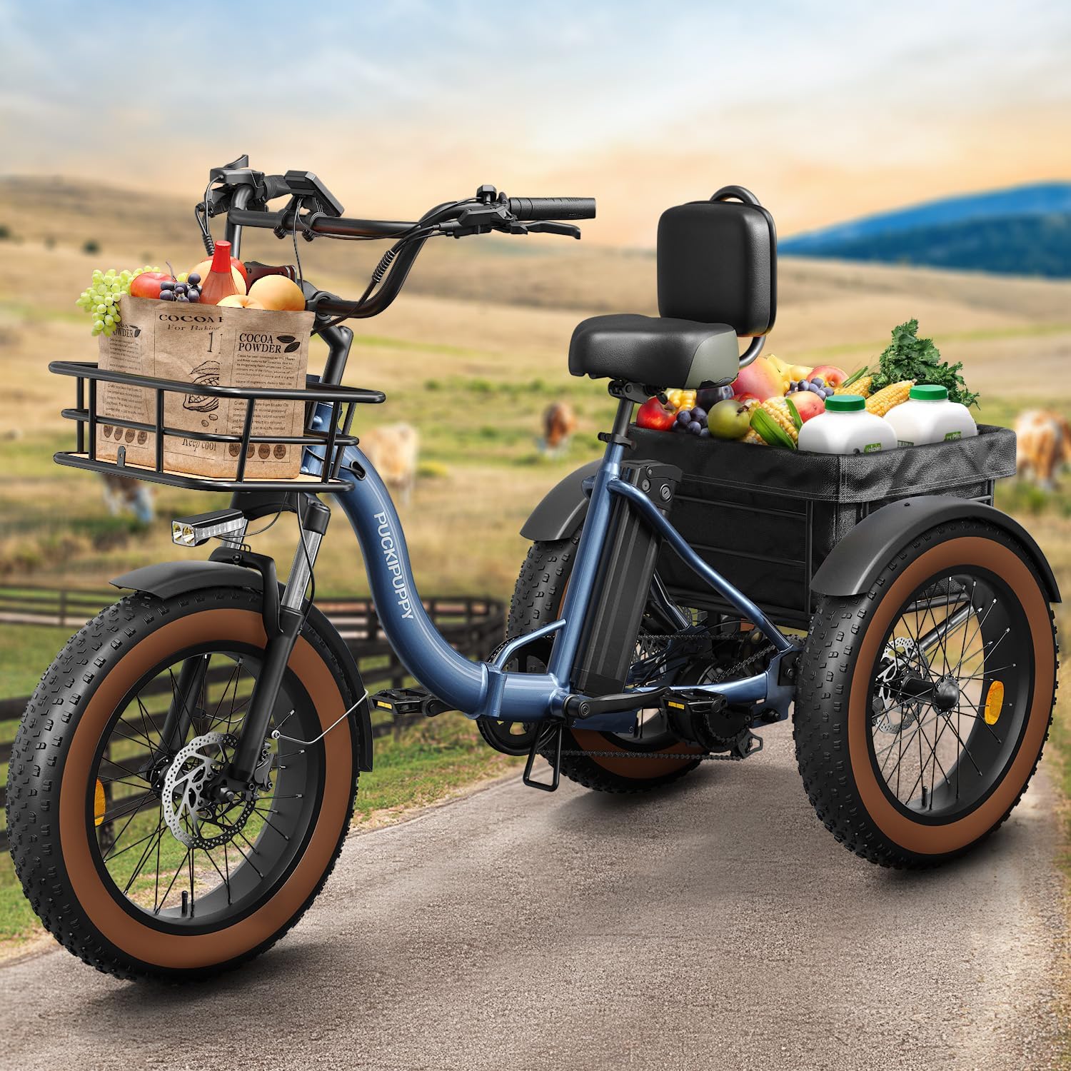 PUCKIPUPPY Electric Tricycle for Adults, 960W, 48V13.5Ah Electric Trike, 20"x4.0" 6061 Aluminum Folding Fat Tire 3 Wheel Ebike, 25MPH Max Hydraulic Brake, Rear Motor Differential for Safety BL