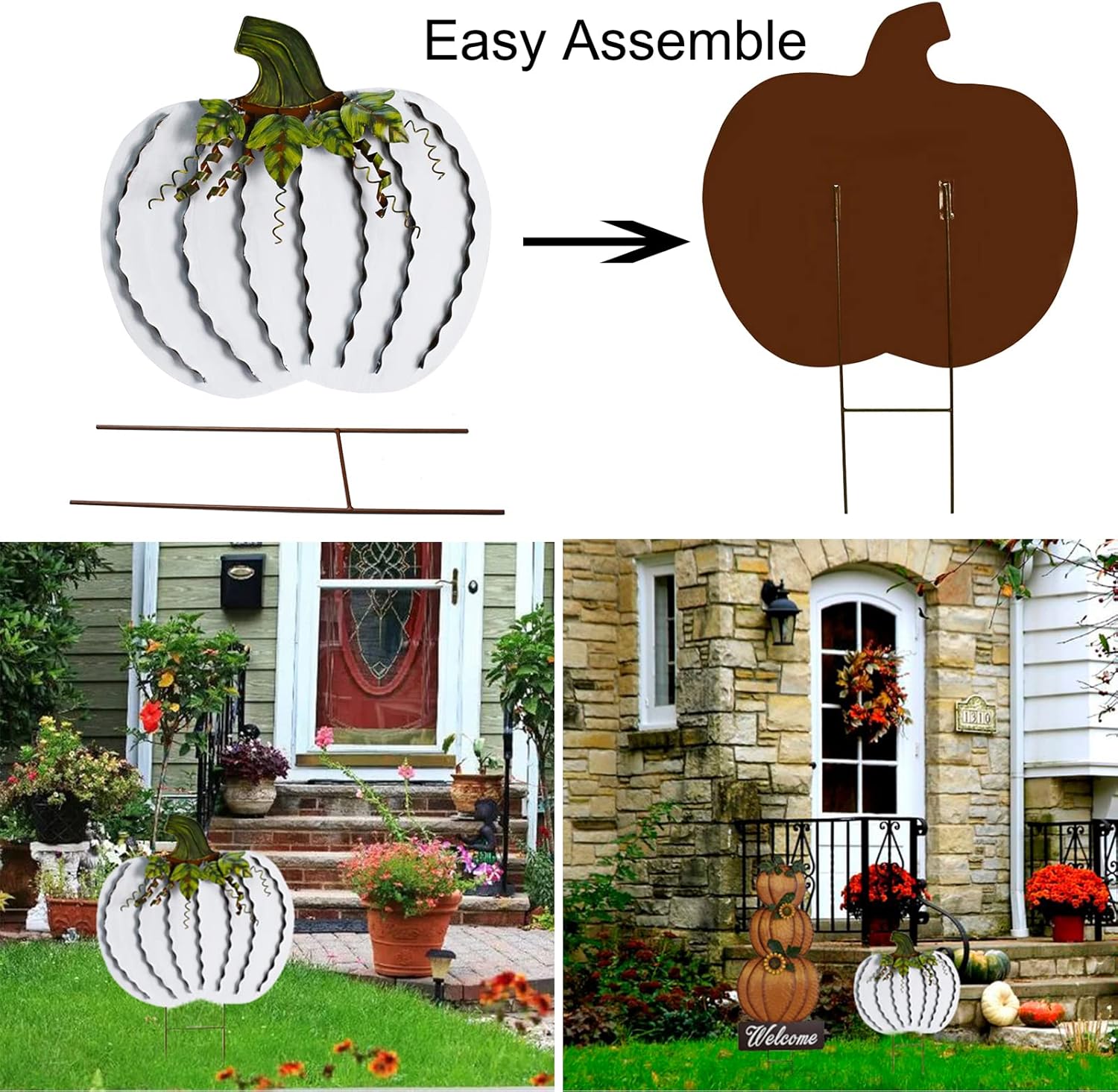 K KILIPES Metal Pumpkin Stake Fall Yard Sign Autumn Harvest Outdoor Pumpkin Lawn Ornaments Garden Yard Decor for Fall Halloween Thanksgiving Outdoor Decorations (26" H,17" H, White)