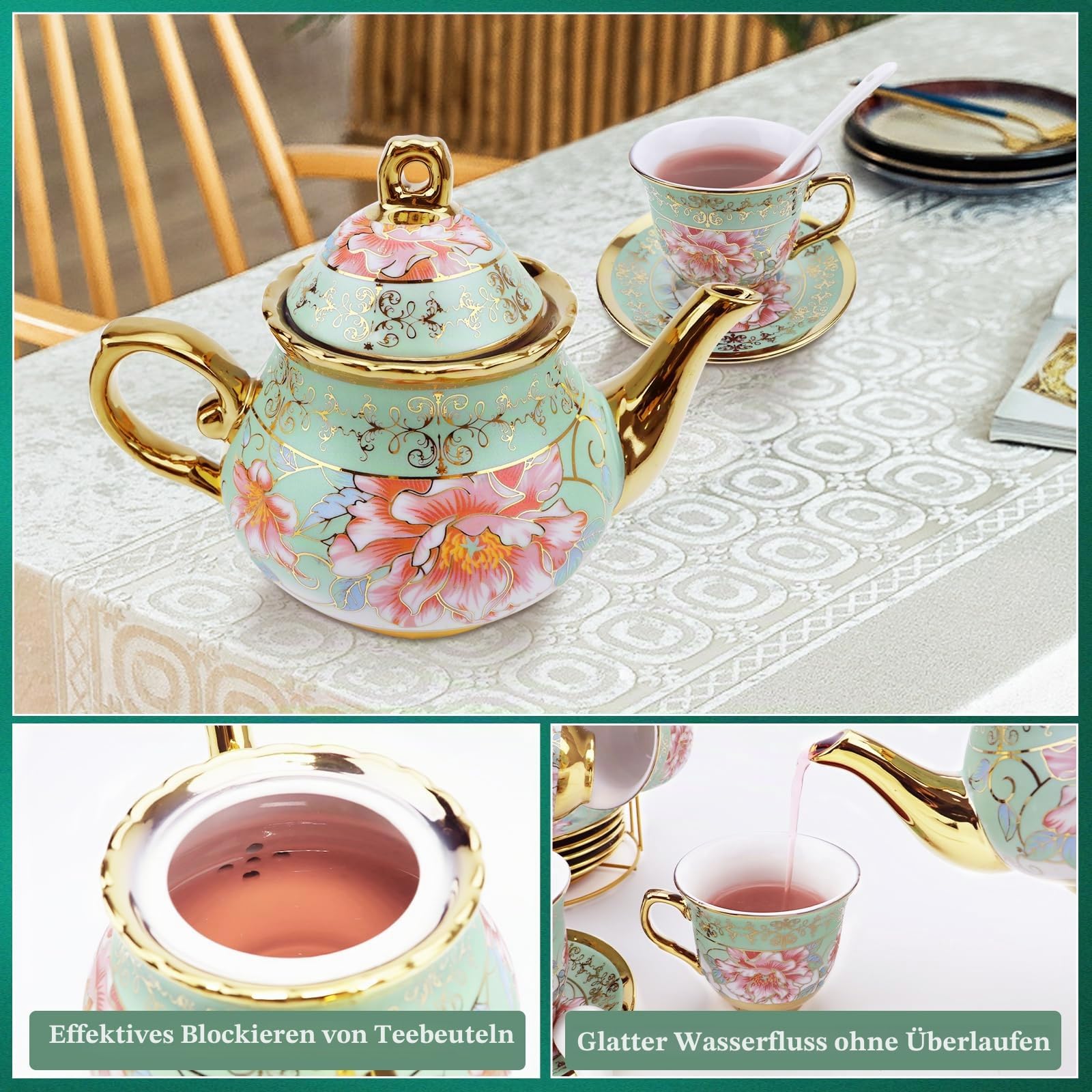 20Tlg Teeservice Porzellan Kaffeeservice, Teeset mit Metallhalter, 700ml Teekanne Keramik Teeset, Blumendesign Goldenem Rand, 6x160ml Tassen und Untertassen für Frauen Teeparty, Grün