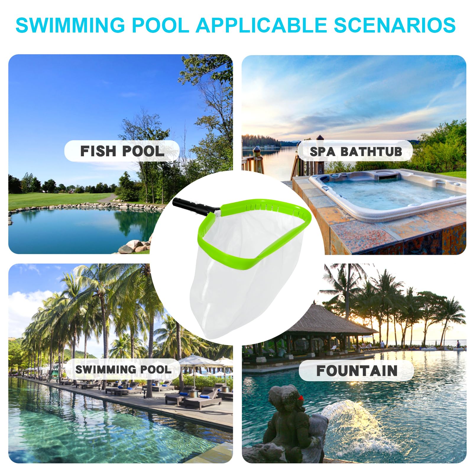 Rete da piscina, rete professionale ultra fine per la pulizia di limo, sabbia, detriti di polline, con borsa profonda in nylon super extra fine, telaio in alluminio resistente e rastrello con manico