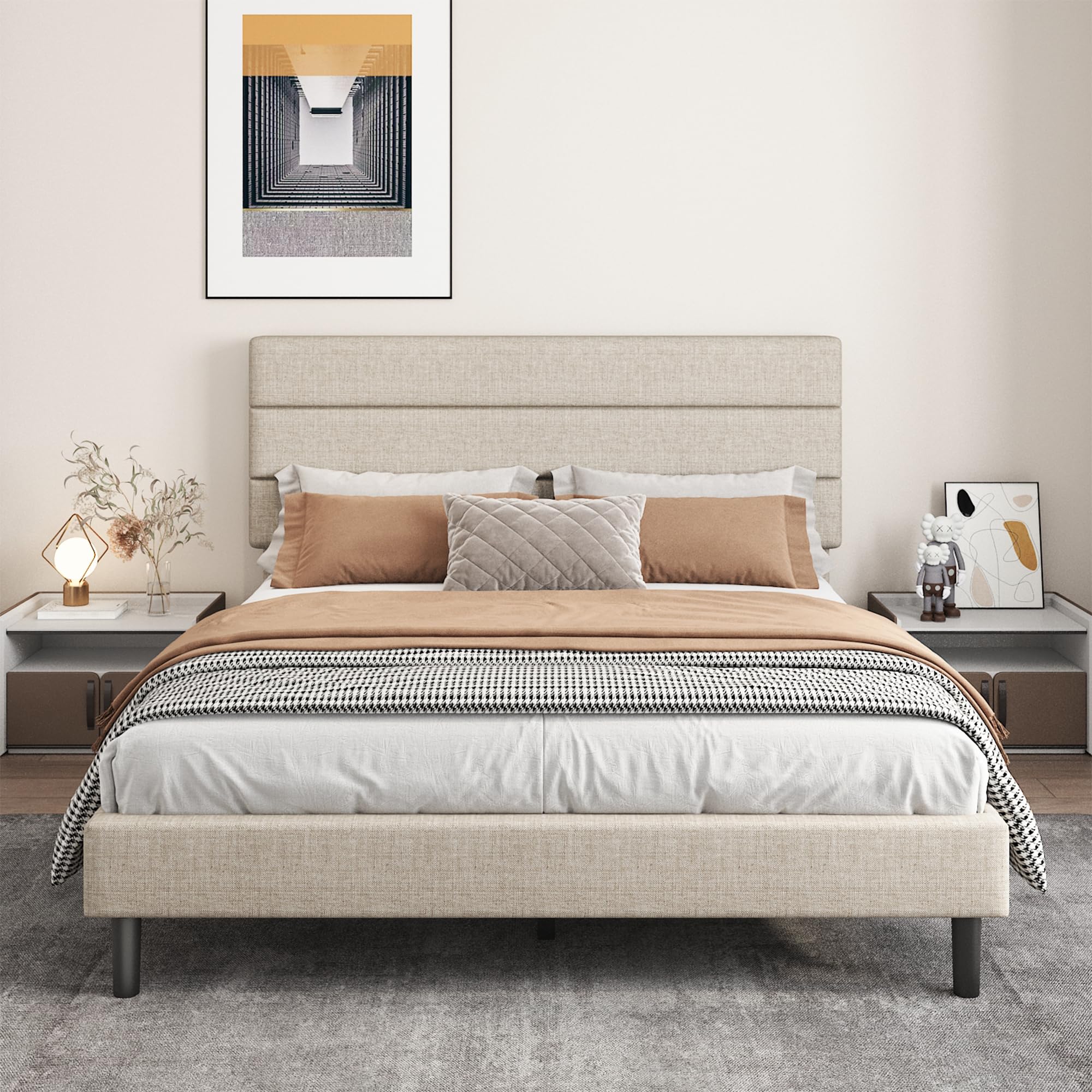 Photo 1 of Mxhtcewz Queen Platform Bed Frame with Adjustable Linen Fabric Upholstered Headboard, Strong Slats Support, Noise-Free, No Box Spring Required, Easy Assembly for Bedroom Guest Room, Beige
