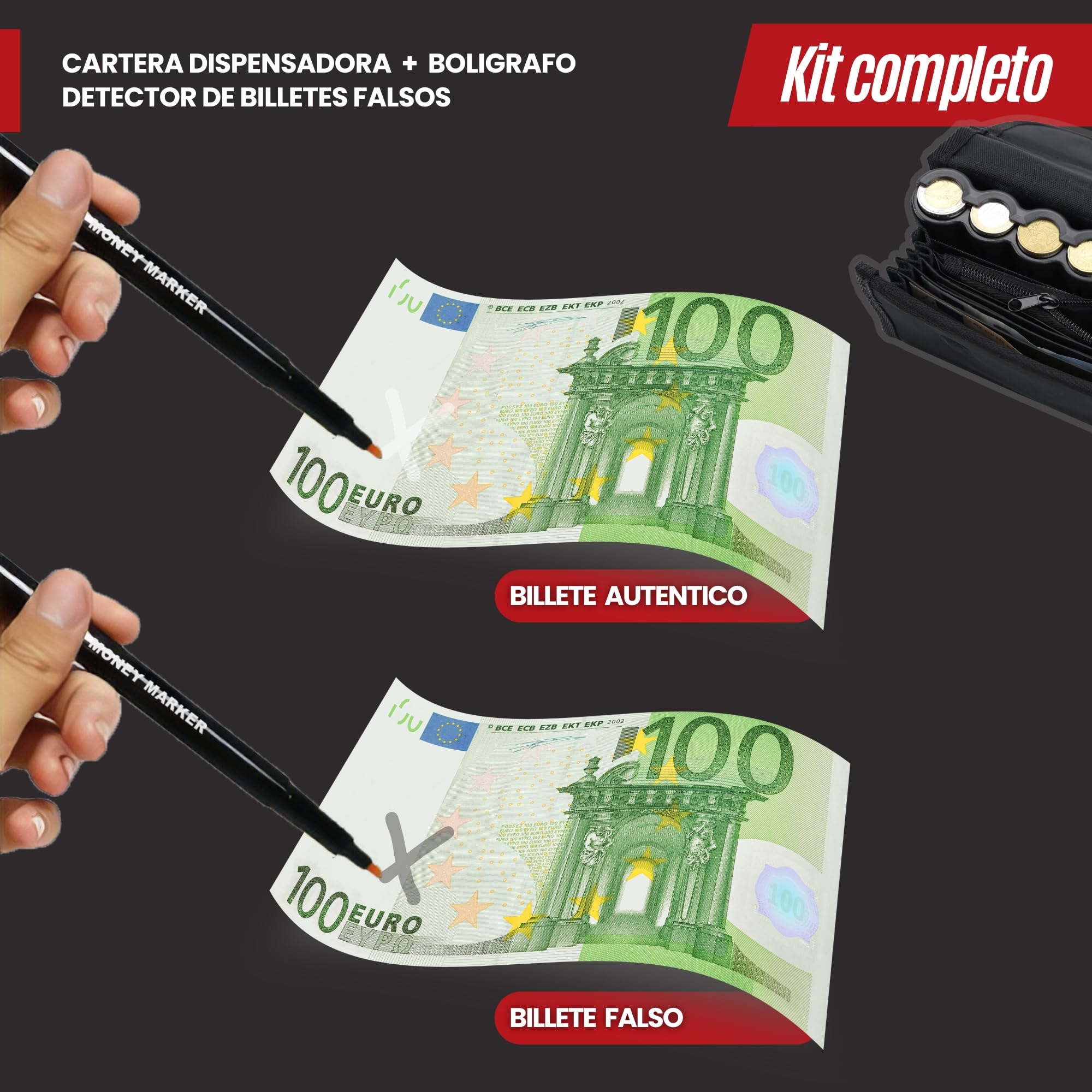️ Cartera Dispensador de Monedas y Billetes + Bolígrafo Detector Billetes Falsos - Riñonera Camarero y Dispensador de Monedas para Taxi, Camareros, Vendedores (Negro + Riñonera)