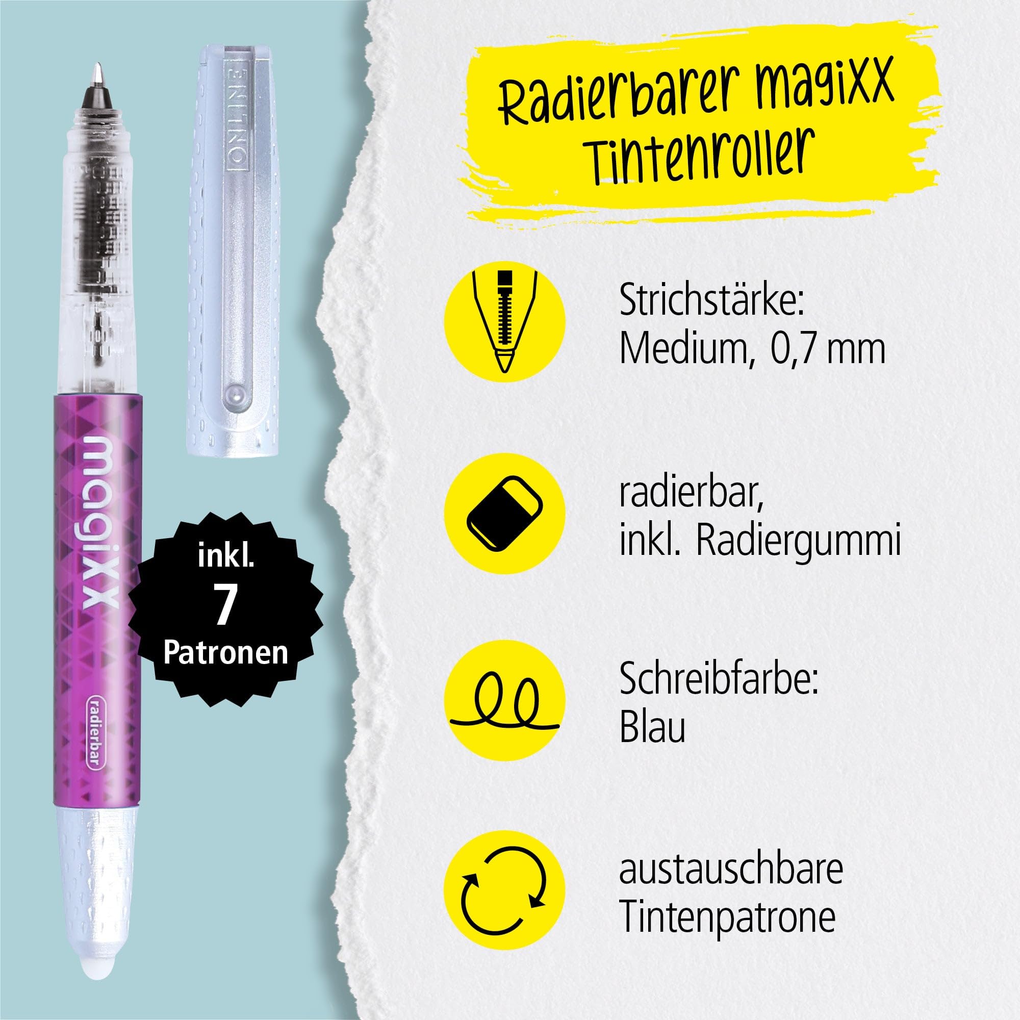 Online magiXX Erasable Rollerball Pen Purple with Ink Cartridges I Rollerball Pen with 0.7 mm Line Width I Includes 7 x Blue Cartridges I Erasable Pen - Image 2