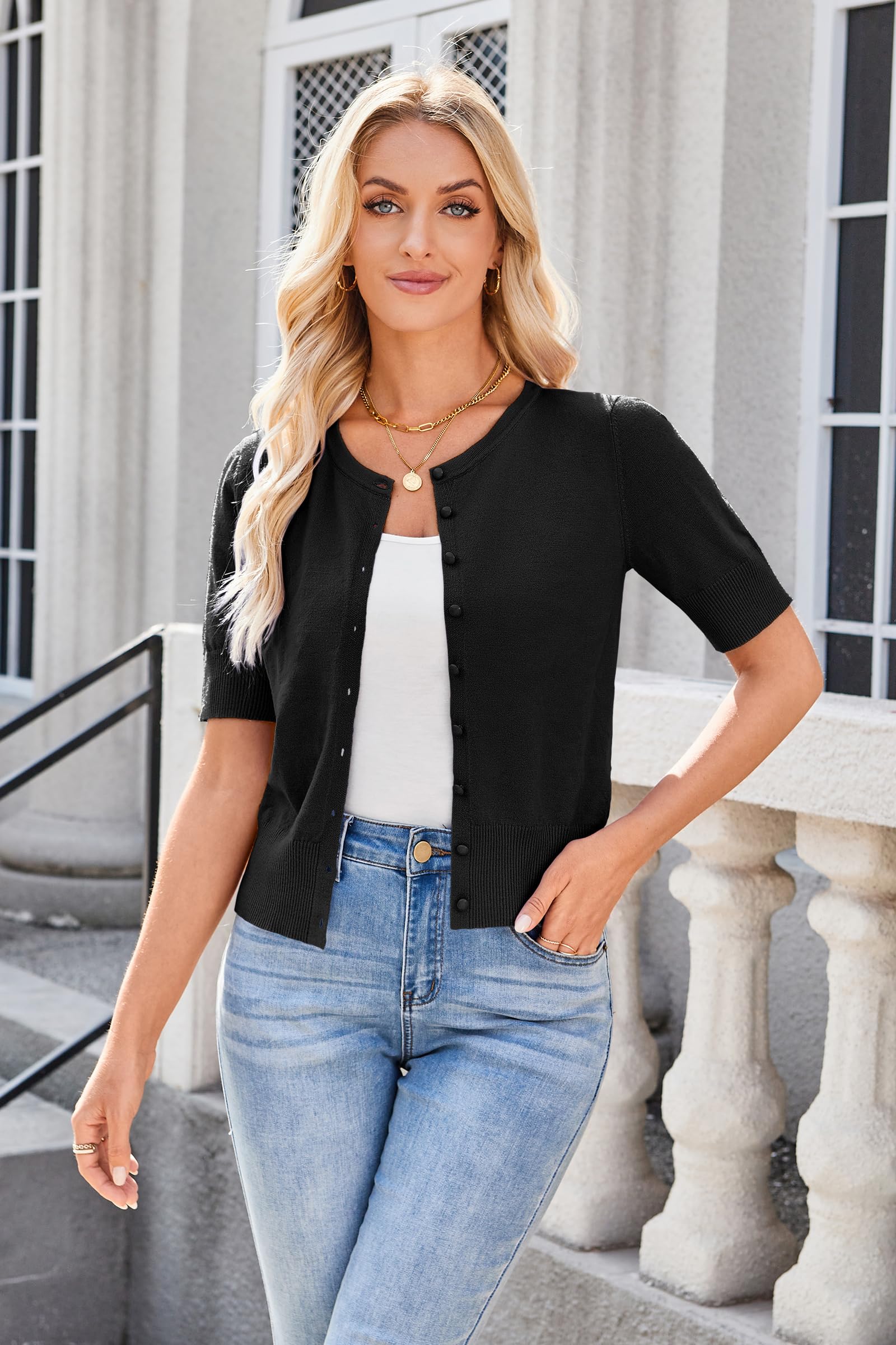 Newshows Damen Strickjacken Sommer Kurzarm Leicht Knöpfe Strickjacke Elegante Bolero Wickel Shrugs Top für Kleid
