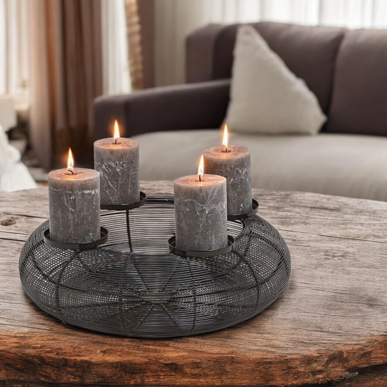 MACOSA GW10031543_ Corona de Adviento negra de metal, 38 cm, moderna, elegante, con 4 portavelas, decoración de mesa, decoración navideña, corona de metal, corona de alambre (negro)