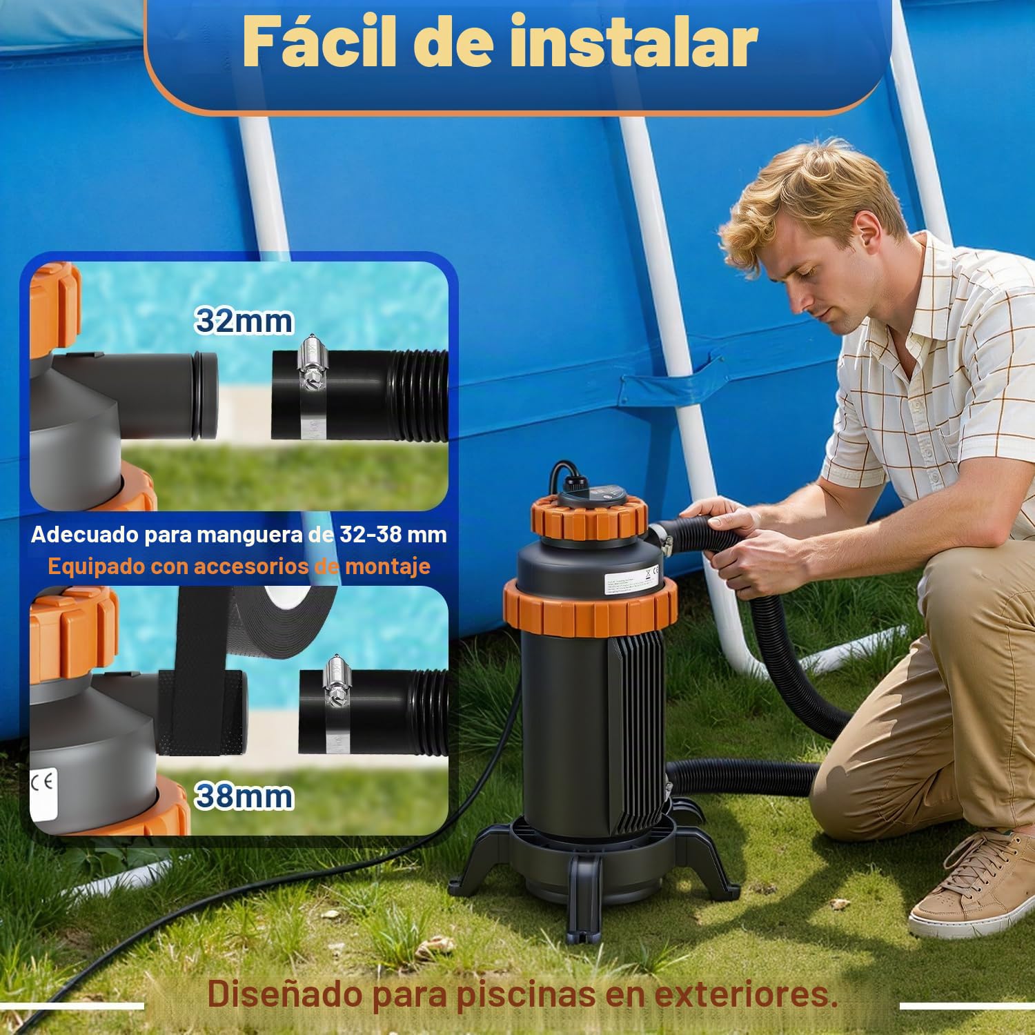 Calentador Eléctrico para Piscina 3KW, Pantalla Digital, 4 Protecciones de Seguridad, Conexión 32-38 mm, Calienta hasta 45 °C, Accesorios Incluidos para Piscinas Elevadas