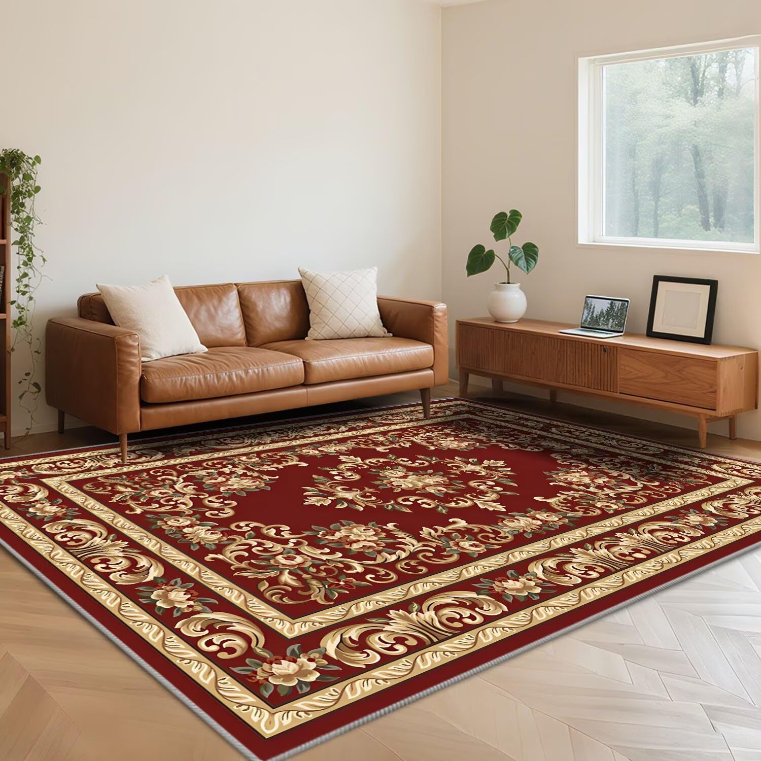 Tapis ethnique rouge lavable idéal pour le salon et la chambre