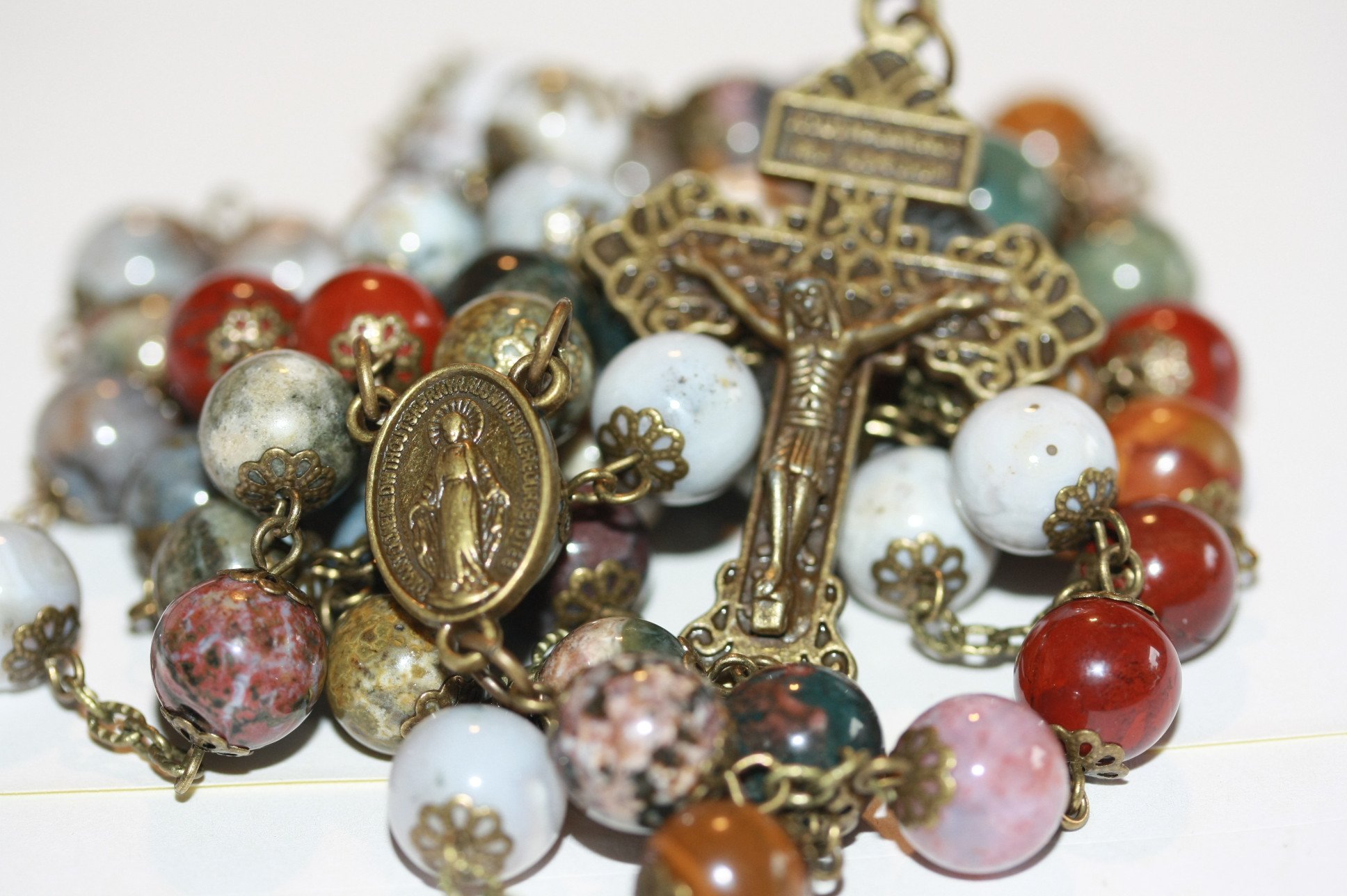 Large Ocean Agate and Bronze 10mm 5 Decade Natural Stone Bead Rosary Made in Oklahoma