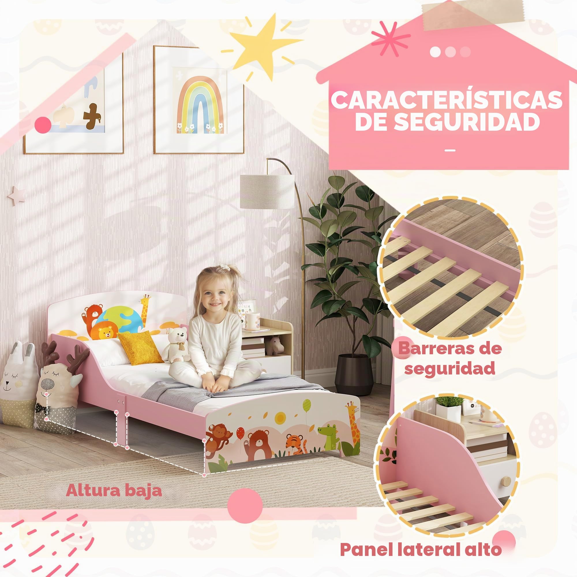 AIYAPLAY Cama Infantil con Animales 140x70cm diseño bajo Seguro, Rosa