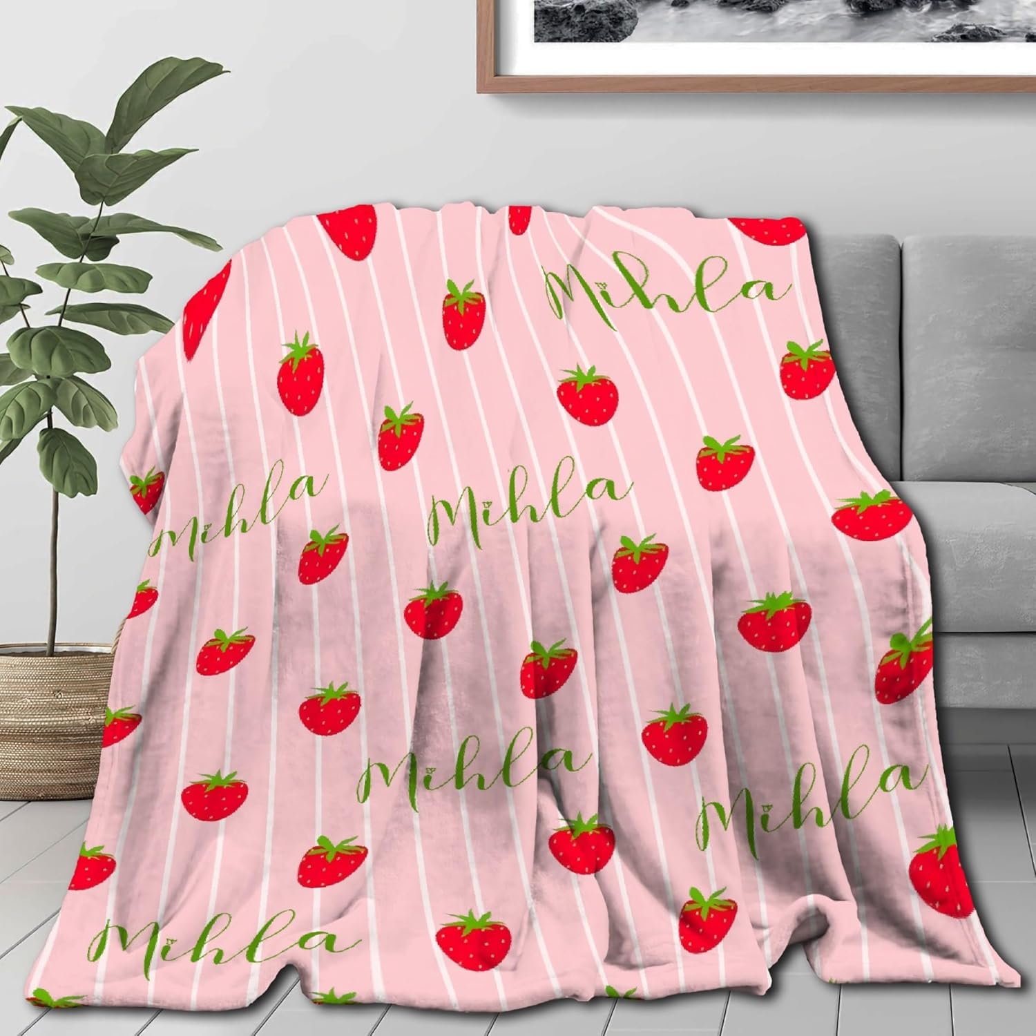 Pink Strawberry Personalized Blanket With Name - Super Soft Air Conditioning Blanket for Couch, Bed - Custom Gifts for Teens 60x50 in