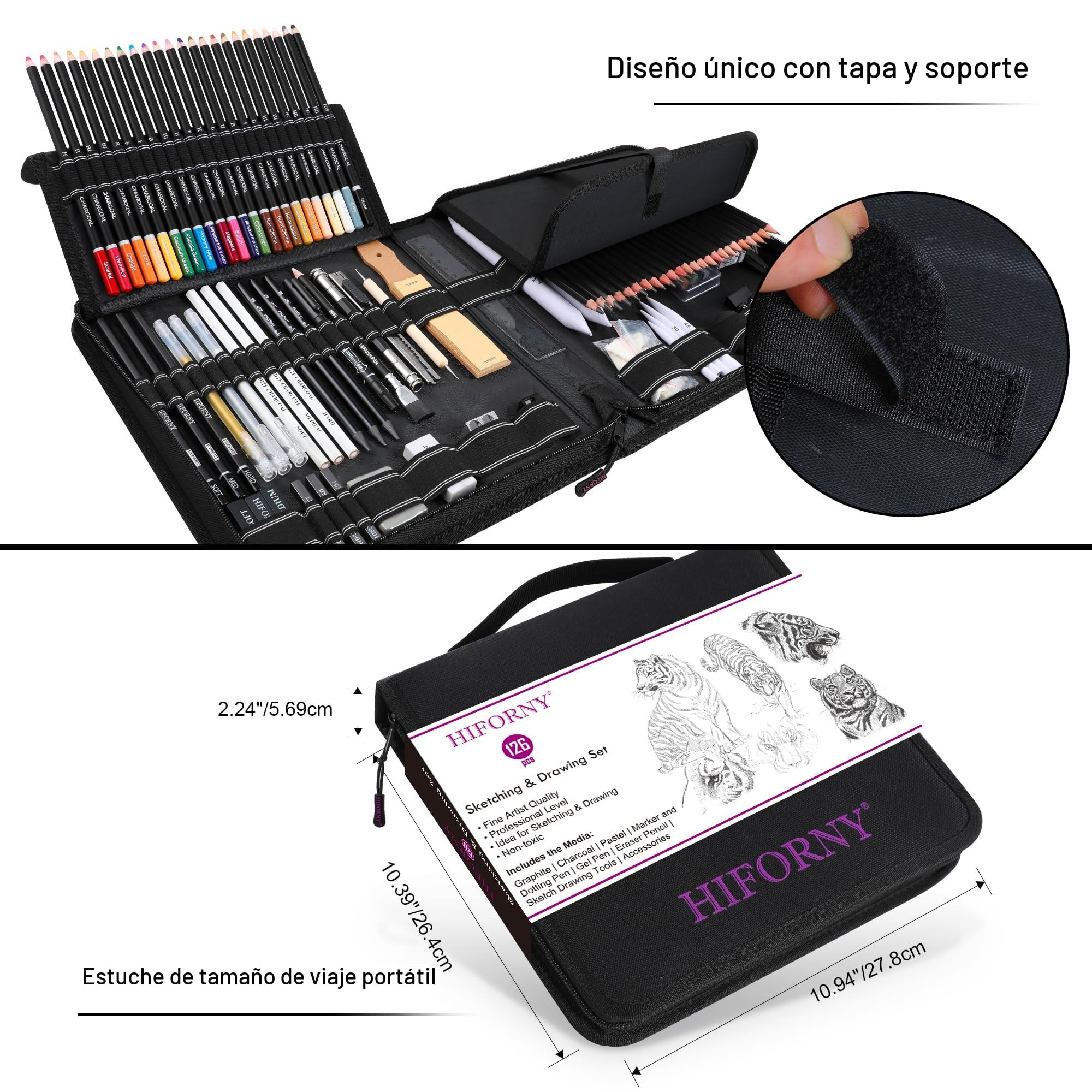 HIFORNY Juego de 126 lápices de dibujo, lápices de bocetos, Materiales de Arte con Cuaderno de Bocetos de 3 Colores, Herramientas de Grafito, Carbón, Difuminado y Dibujo, Lápices para Adultos