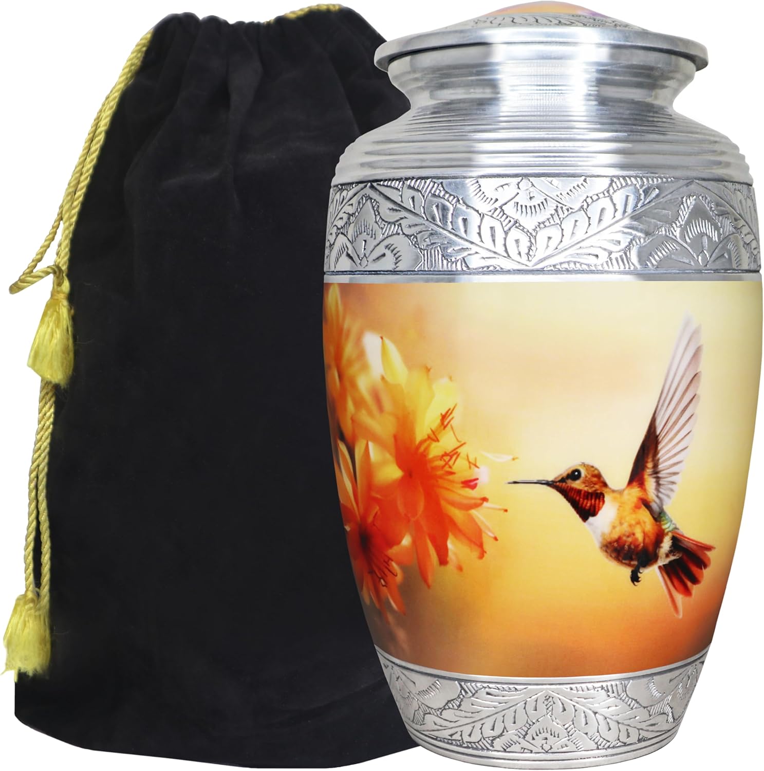 M MEILINXU Urn for Ashes for Women, Cremation Urns for Human Ashes Adult Female & Man, Funeral Decorative Human Urns for Adult, Yellow Bird, Flowers and Hummingbird Urn - Large Full Size