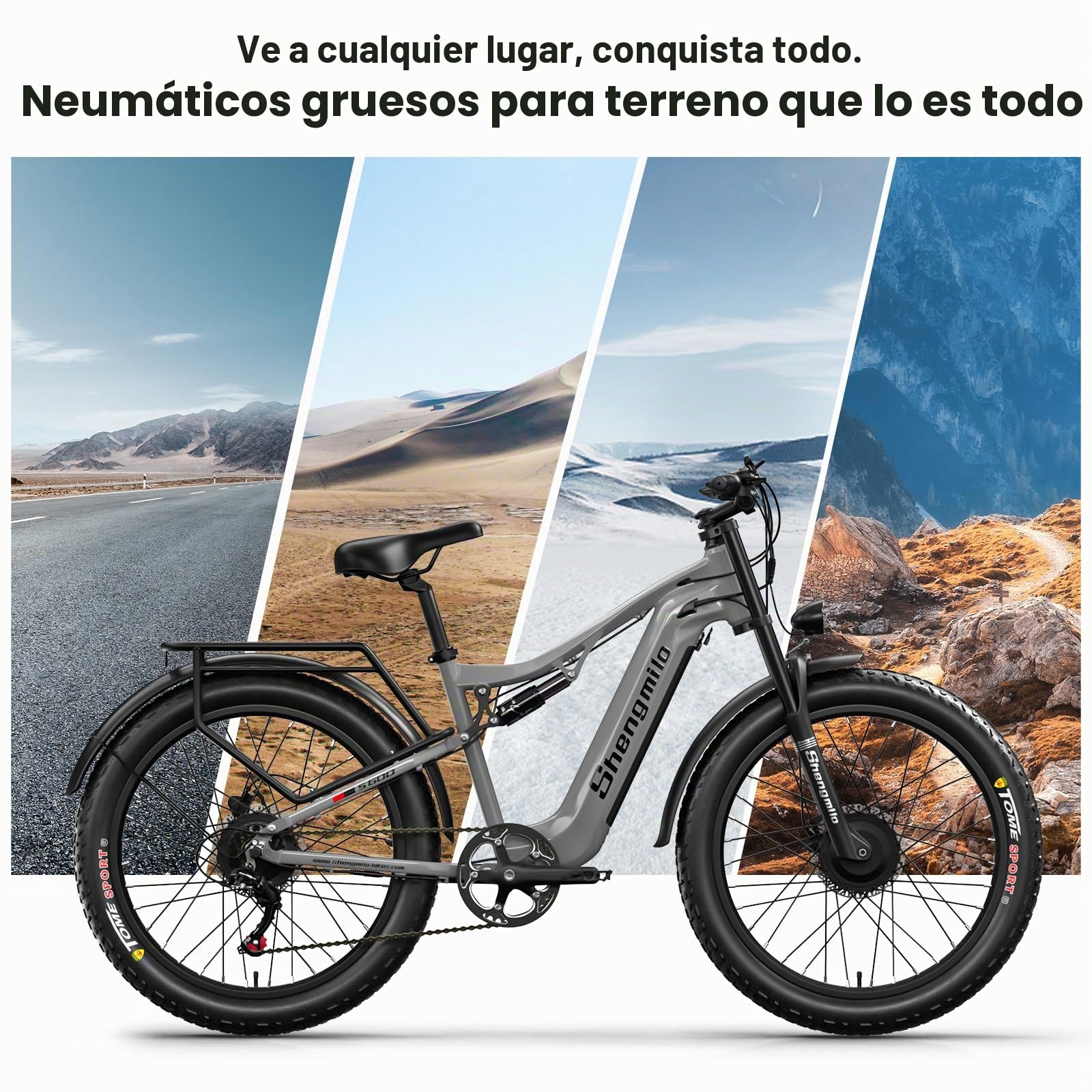 Shengmilo S600 de Doble suspensión, 𝐌𝐨𝐭𝐨𝐫 𝐃𝐨𝐛𝐥𝐞, 26 Pulgadas, neumáticos Anchos, batería de 840 WH con batería de Iones de Litio extraíble y 7 velocidades para Adultos y Hombres(Gris Mate)