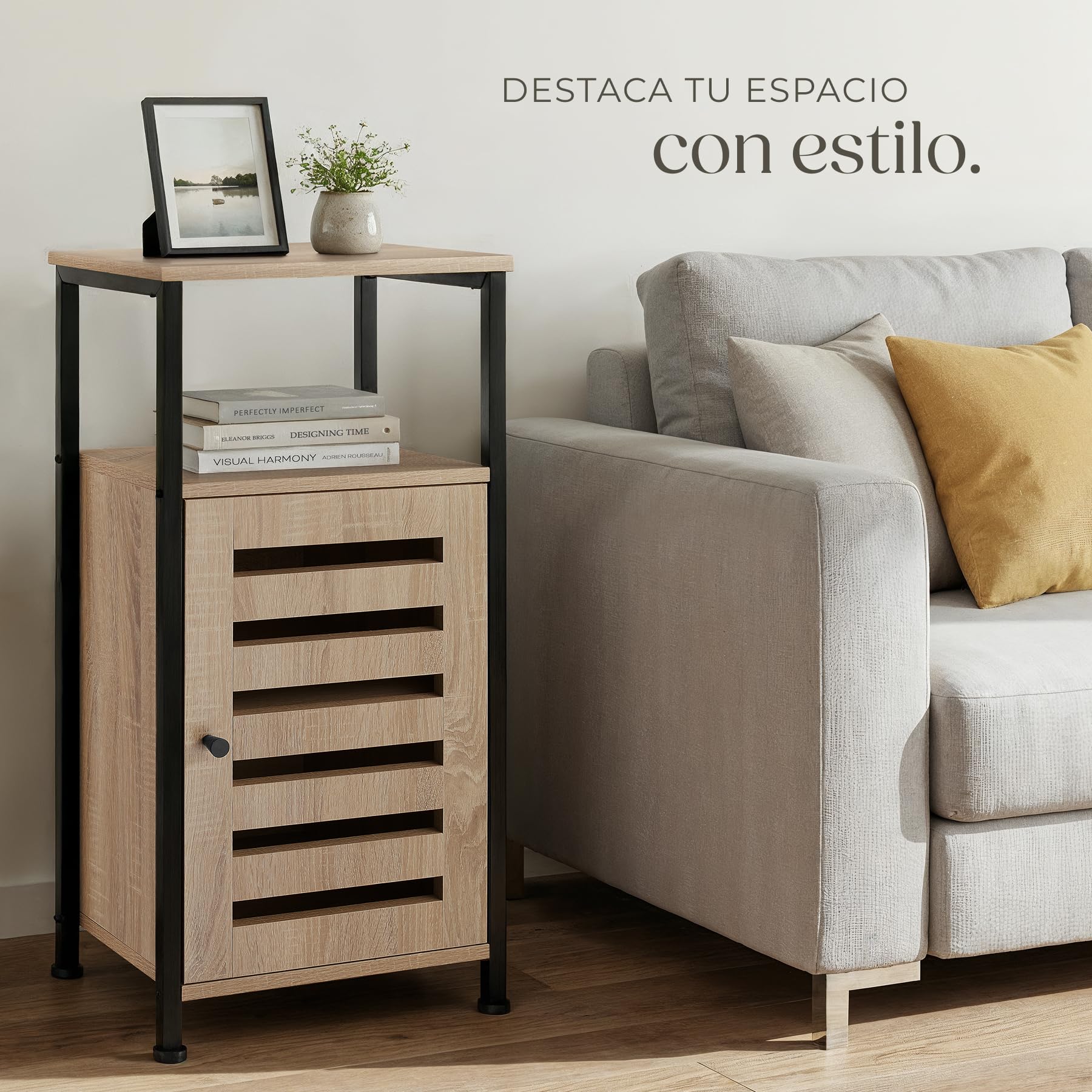 tectake® Mesa Auxiliar Salon Estilo Industrial 2 Estantes y Puerta, Mesita de Noche, Decoracion Hogar, Mesitas de Noche, Mesita Auxiliar - 31,5 x 38,5 x 81 cm Madera Industrial Clara, Roble Sonoma