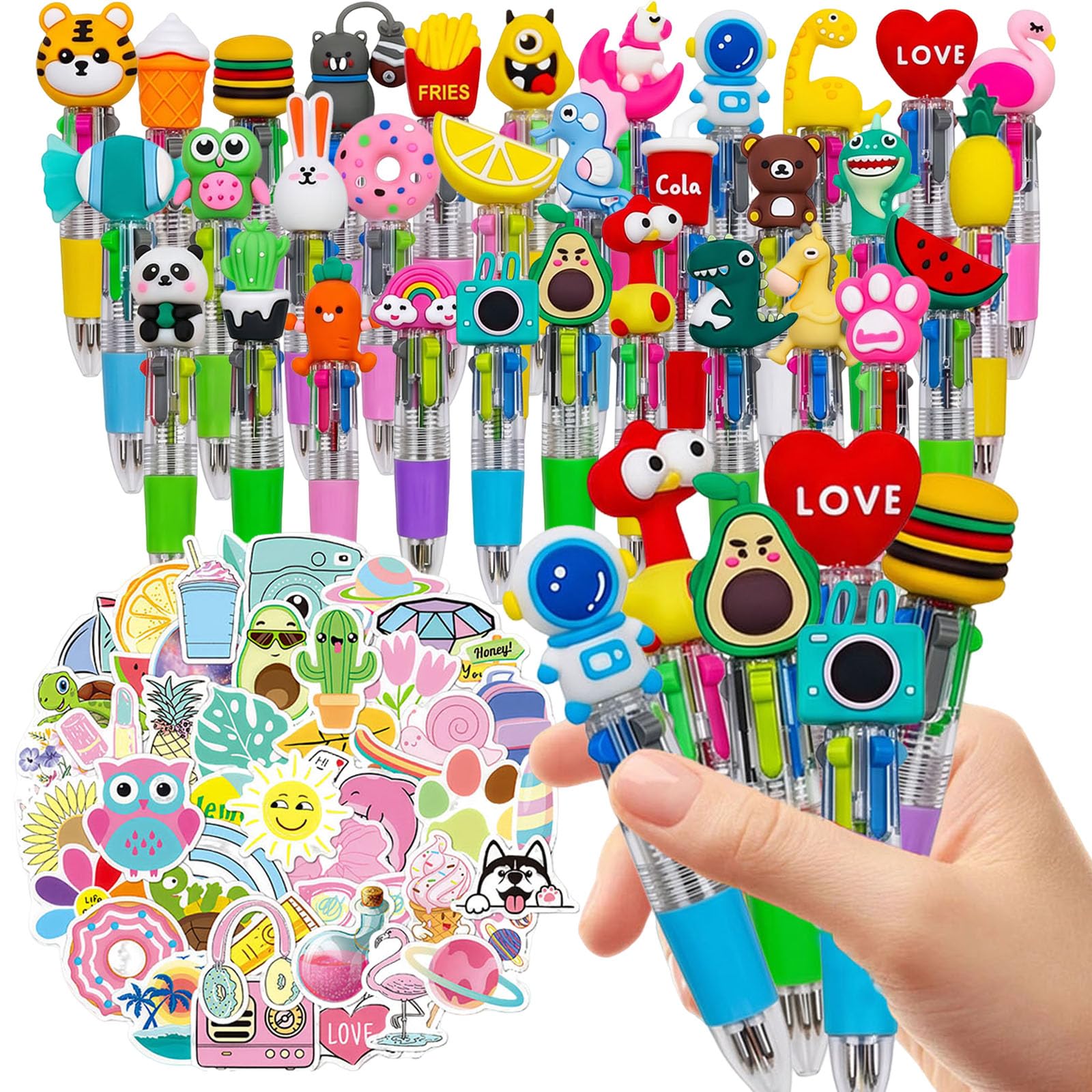 SIFQMBP 32Pcs Mini Multicolor Pens in One 4-in-1, 50 PCS Stickers, Multicoloured pen for Party Favors Gifts and Birthdays, Delightful Ballpoint Pen Classroom Student Prizes
