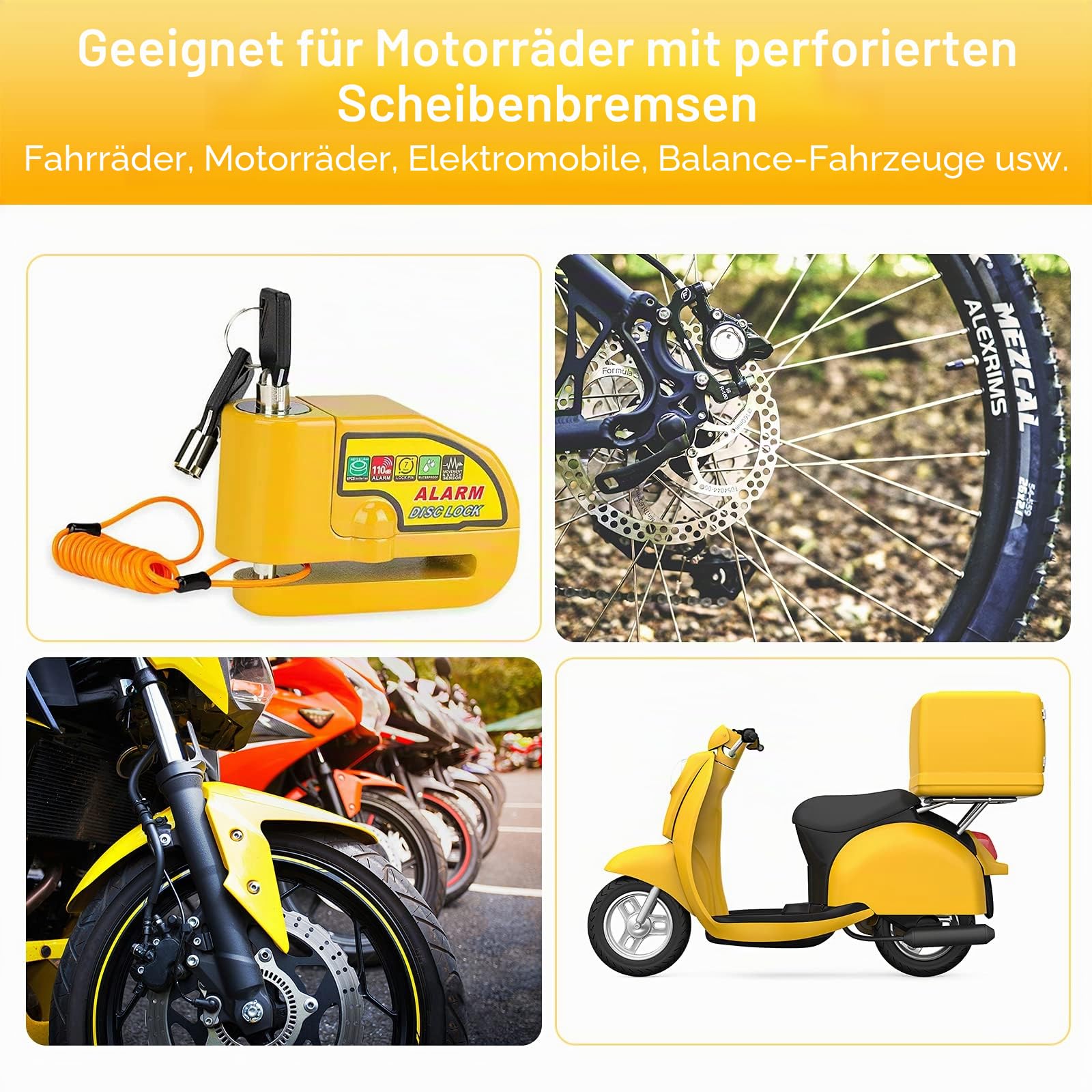 Gbivbe Bremsscheibenschloss Motorradschloss Motorrad Schloss, Motorrad Alarmanlage Alarm 110db, Scheibenschloss Bremsschloss mit 1.5m Rückrufkabel, Sicherheitsschloss für Moto Scooter