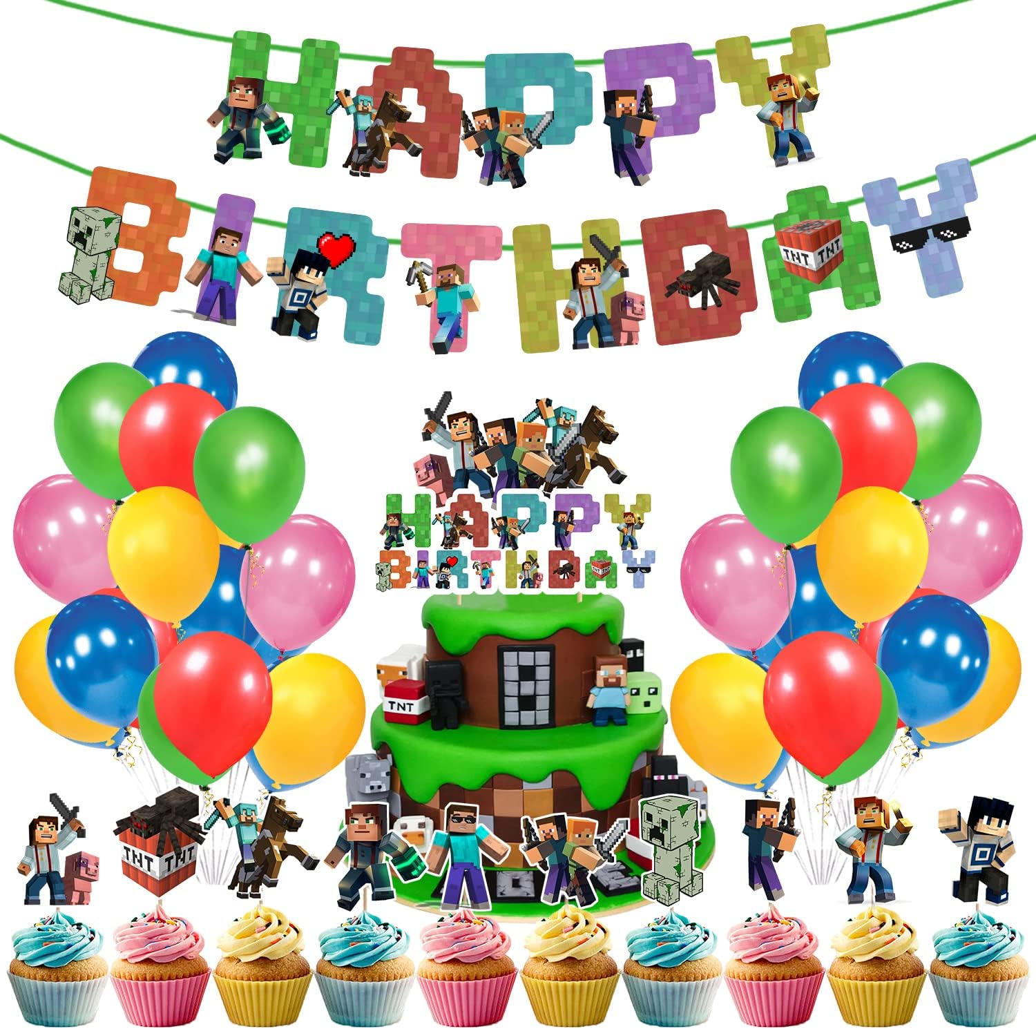 Zyozique Pixel Style Gamer Birthday Party Supplies for Game Fans,37 Pcs Minecraft Theme Birthday Party Decorations for Boys - Paper Banner , Cake Topper, Cupcake Toppers and Balloons