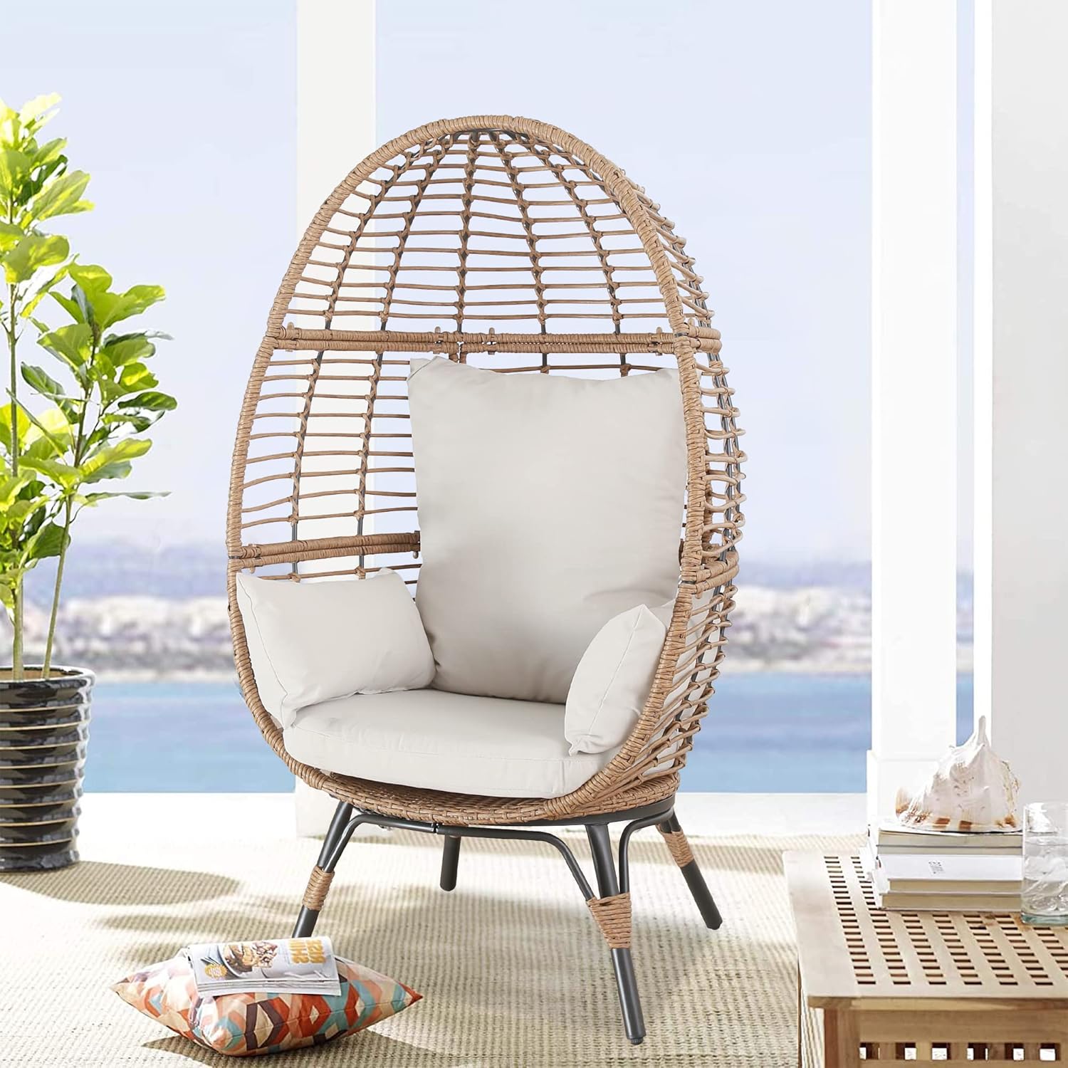 Patio Tree Outdoor Wicker Egg Chair, Indoor Rattan Lounge Chair with 4 Removable Cushions for Patio Deck, Beige