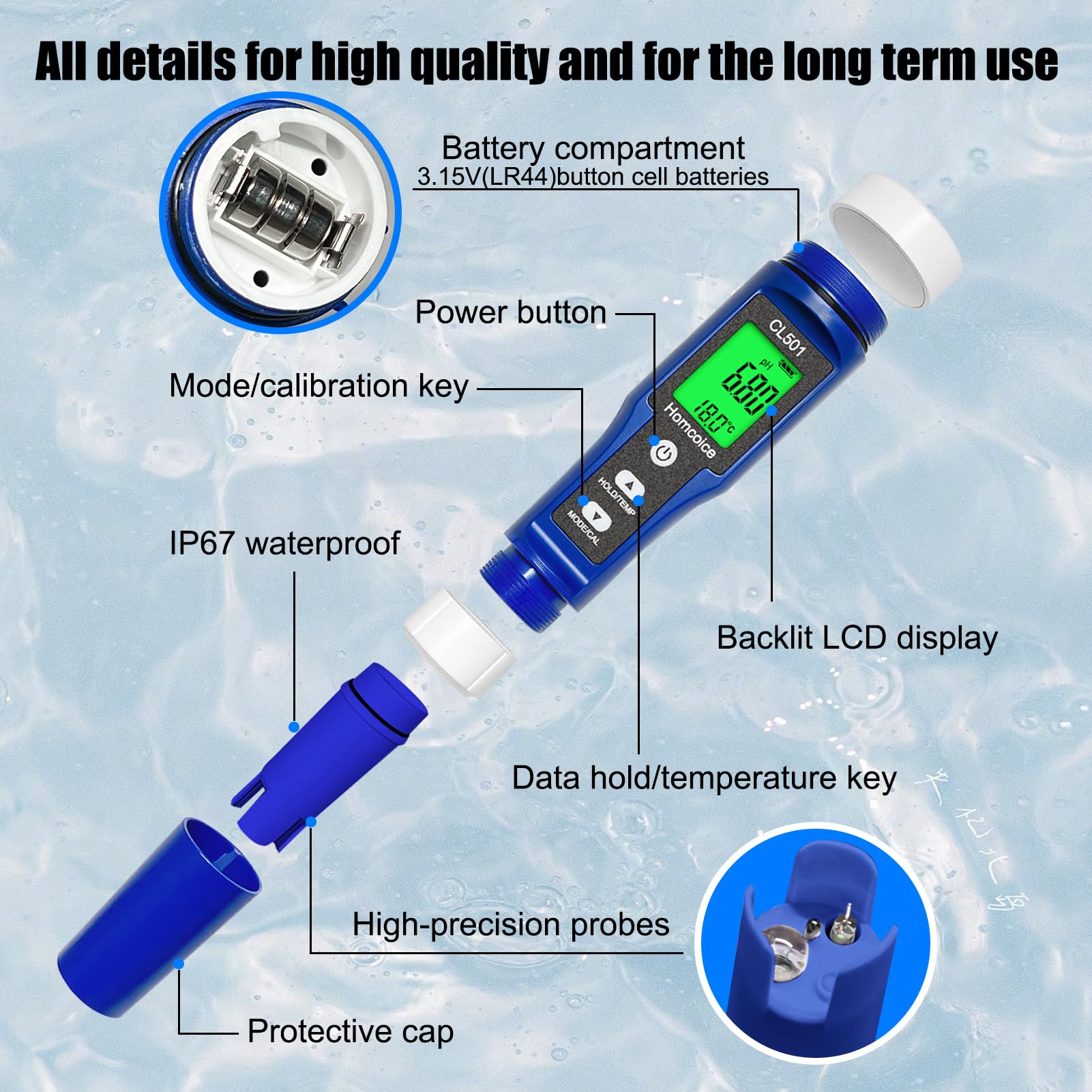pH Chloro Mètre Piscine 5-en-1, pH chlore ORP H₂ Température Meter mesure rapide précise, Testeur Qualité Eau pour leau potable, aquarium, spa, hydroponie