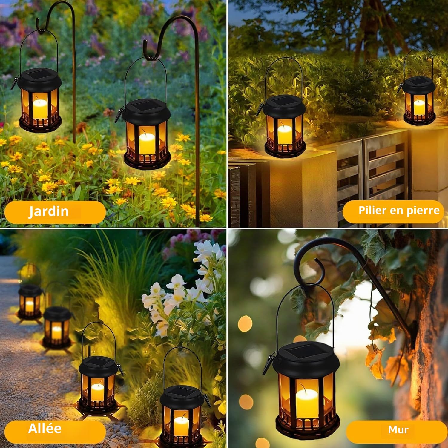 yowin Lanterne Solaire Exterieur Jardin 4 Pièces Lampe Solaire | Bougie Vacillante LED, Lampe de Table Solaire IP44 Étanche Suspension Solaire Luminaire Exterieur pour Terrasse Jardin Déco