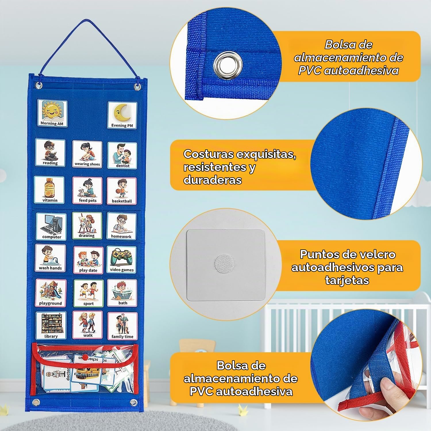 Tabla de Tareas para Niños, Horario Visual Niños con 96 Tarjetas, Tabla de Rutinas de Tareas Diarias para Autismo, Tarjetas de Horario Visuales con Pared Trasera y Cierre de Velcro (GHJ094a)