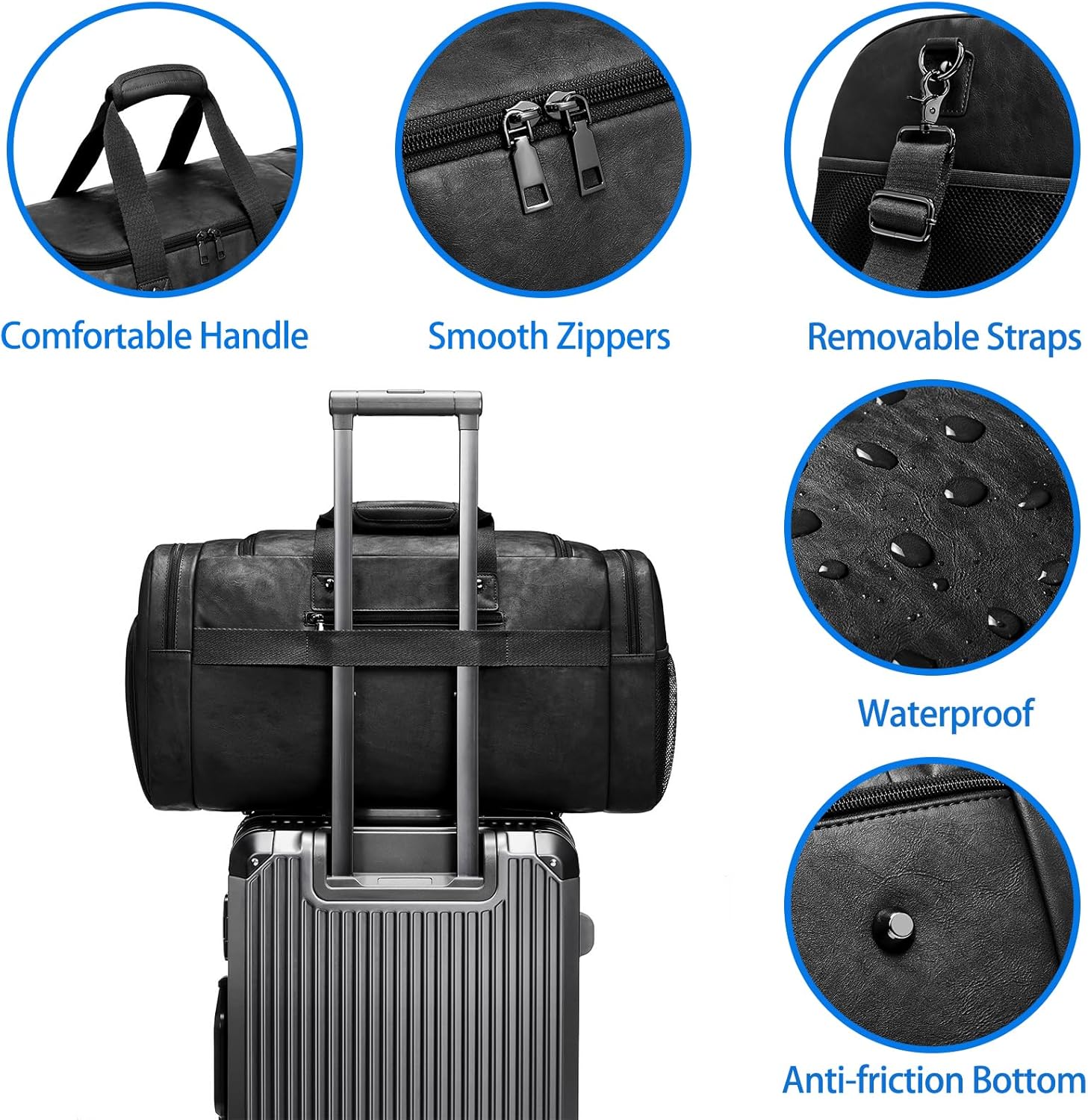 Leather Travel Duffle Bags for Men Women, Weekender Overnight Bag with Shoe Compartment Waterproof Carry on Duffle Bags for Airplanes Gym Sport Business Bag