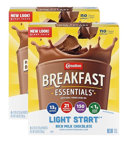 Carnation Breakfast Essentials Light Start - Mezcla de bebida en polvo, rico chocolate con leche.705 onzas, 8 unidades (paquete de 2)