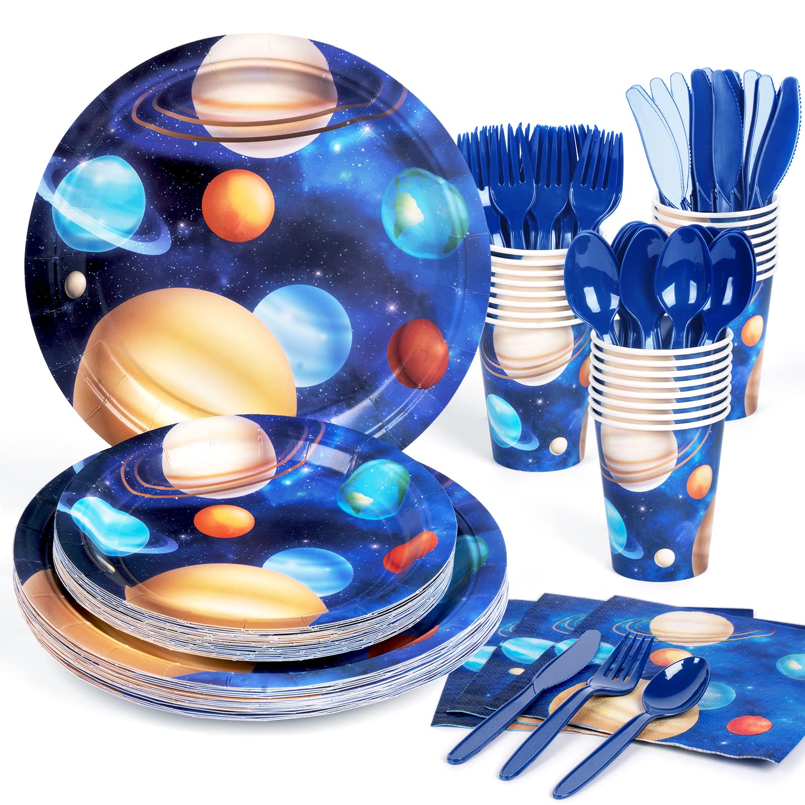 Photo 1 of DECORLIFE Space Themed Party Supplies Serves 16, Space Plates and Napkins Sets, Cups, Knives, Forks, Spoons Included, Total 112pcs