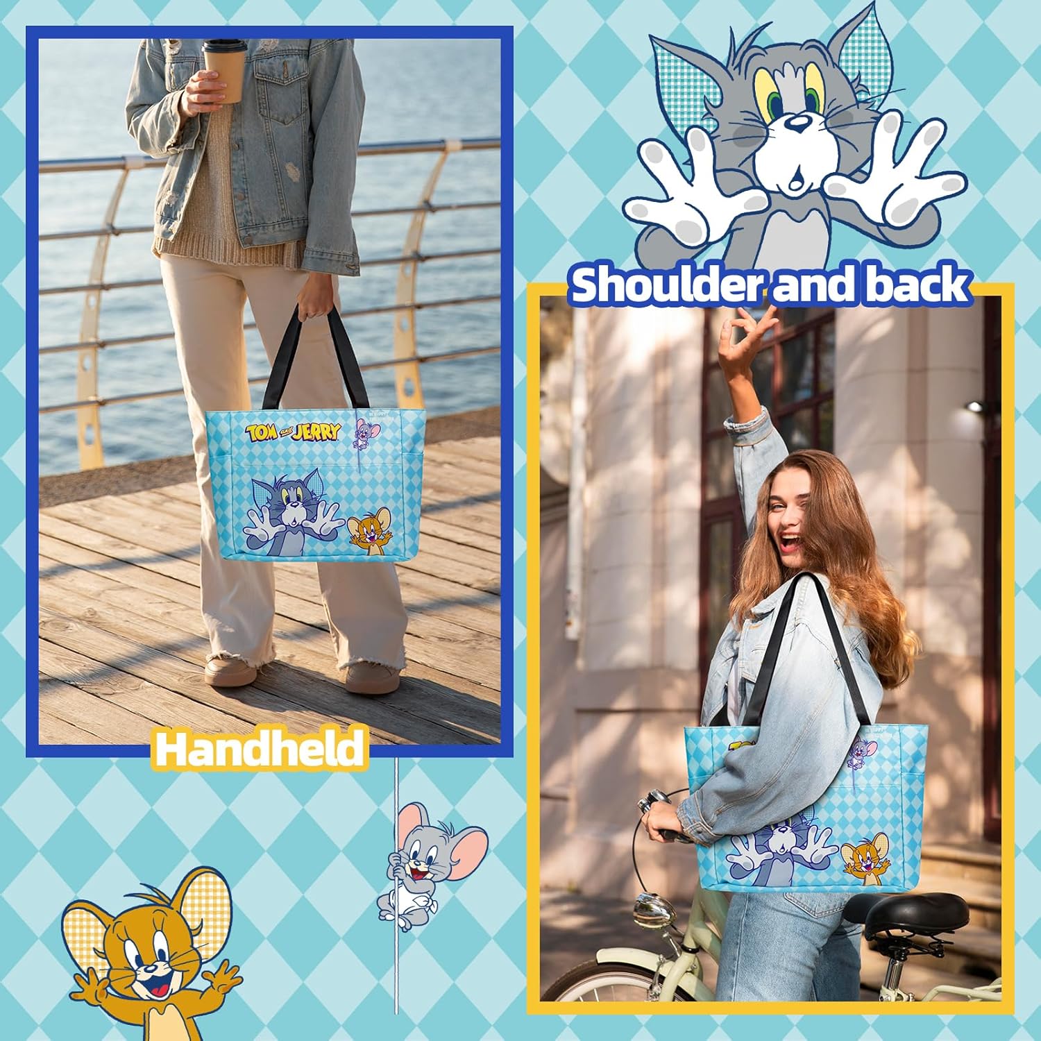 Tom and Jerry Tote Bag for Women, Lightweight Cartoon Shoulder Bag Handbag with Zipper for Travel, Work, Gym, Christmas Gifts