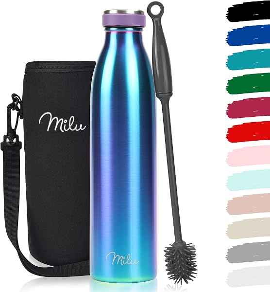 Milu Bouteille d'eau en Acier Inoxydable - Double paroi isolée sous vide - Bouche Standard Gourde - 350ml 500ml / 750ml / 1000ml/ 1.5l - sans BPA - Thermo Gourde Bouteilles (Aurora, 750ml) - 1
