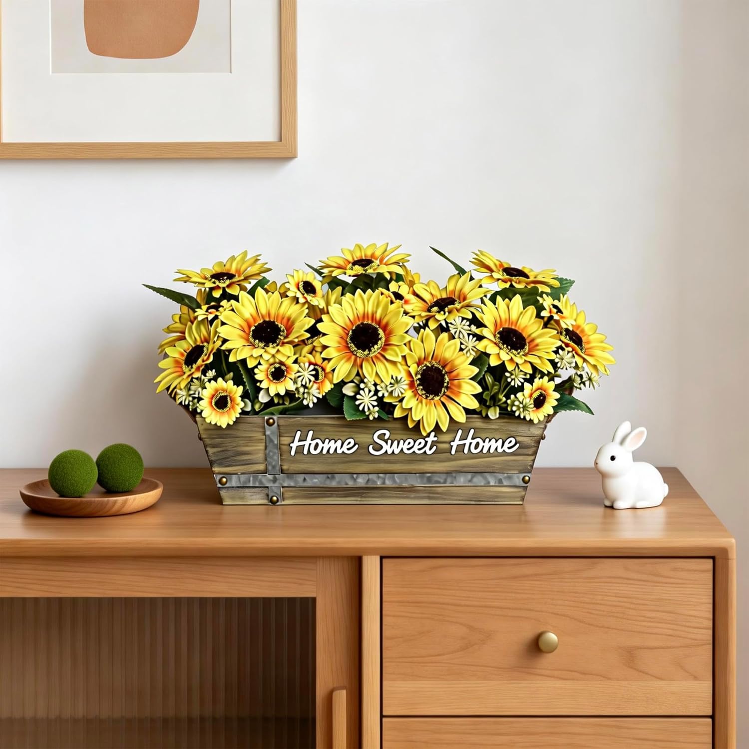 Artificial Sunflower Arrangement in Rustic Wood Box with “Home Sweet Home” Sign, Faux Sunflowers with Daisies and Greenery Farmhouse Table Centerpiece for Home Décor, Indoor Display