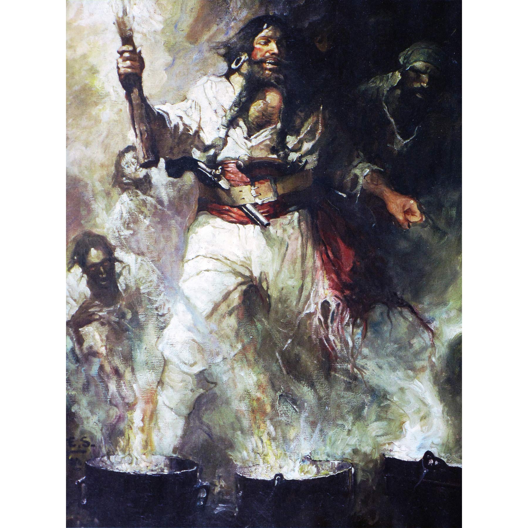 Schoonover Kunstdruck auf Leinwand, Motiv: schwarzer Bart und Rauchflammen