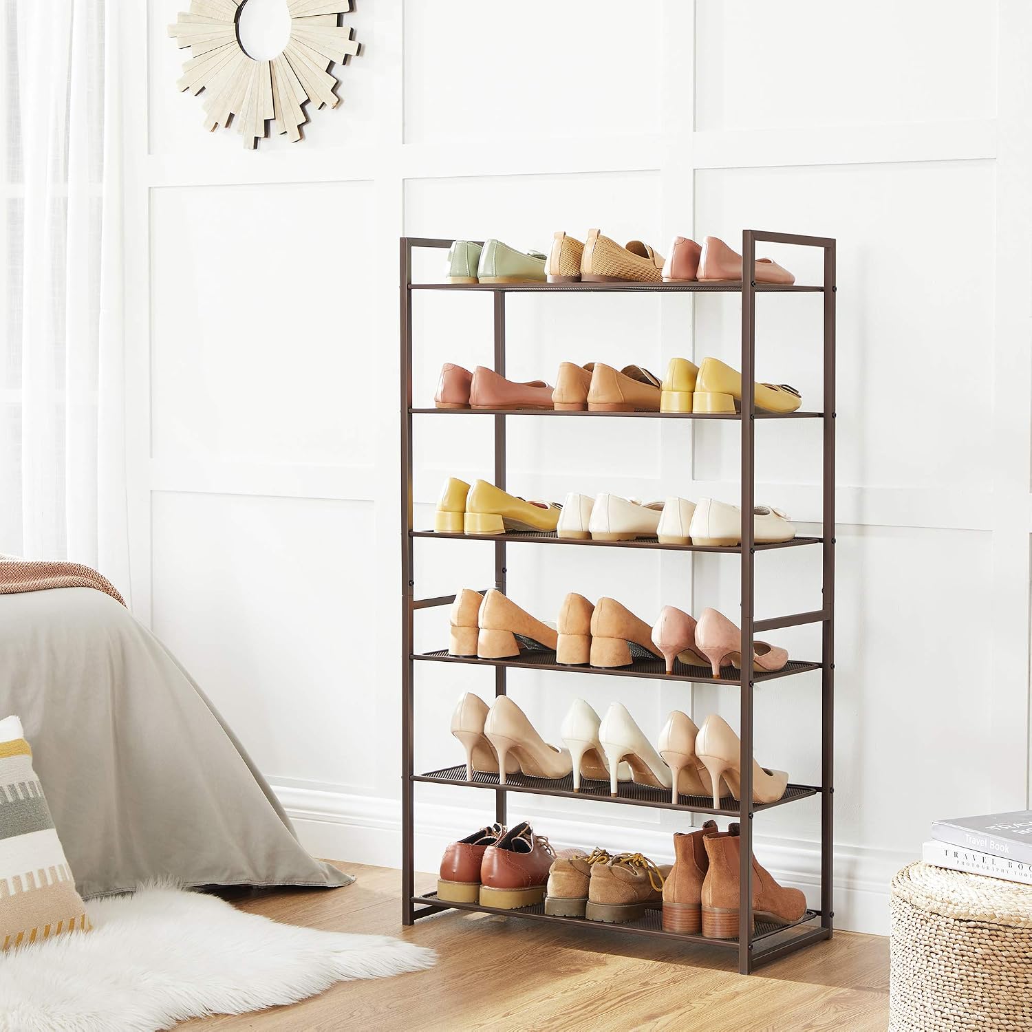 SONGMICS 6-Tier Shoe Rack, Stackable Shoe Organizer, 18-24 Pairs of Shoes, Metal Shoe Rack Storage, 24.8 x 11.8 x 44.1 Inches, Bronze ULMR086A01