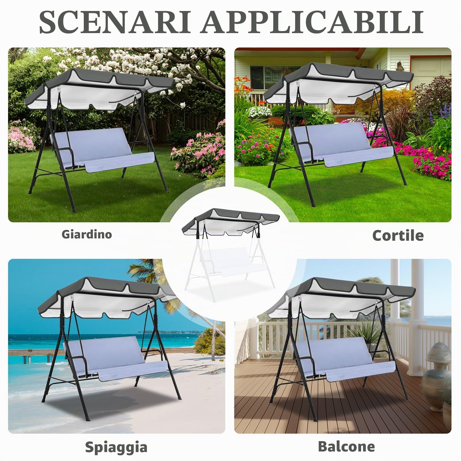 Tetto Dondolo da Giardino, Copertura Dondolo 3 Posti, Impermeabile, Protezione UV, Telo Ricambio Universale, Misure 210 x 145 cm (Grigio)