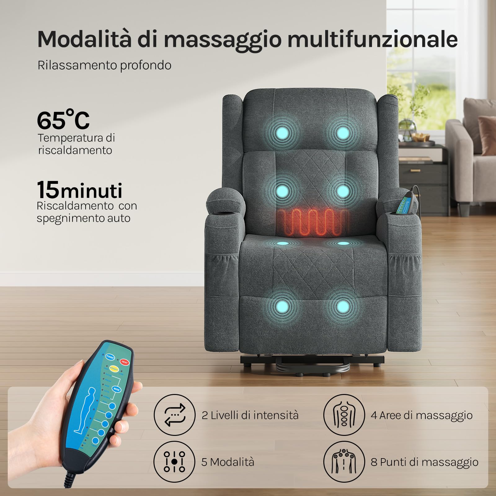 WOLTU Poltrona Elettrica Reclinabile, Sedia Massaggiante con Alzapersone, Riscaldamento, Poggiapiedi, Tasche Laterali, Porta USB, Portabicchieri, per Soggiorno, Tessuto Spugna, Grigio, SKS61gr