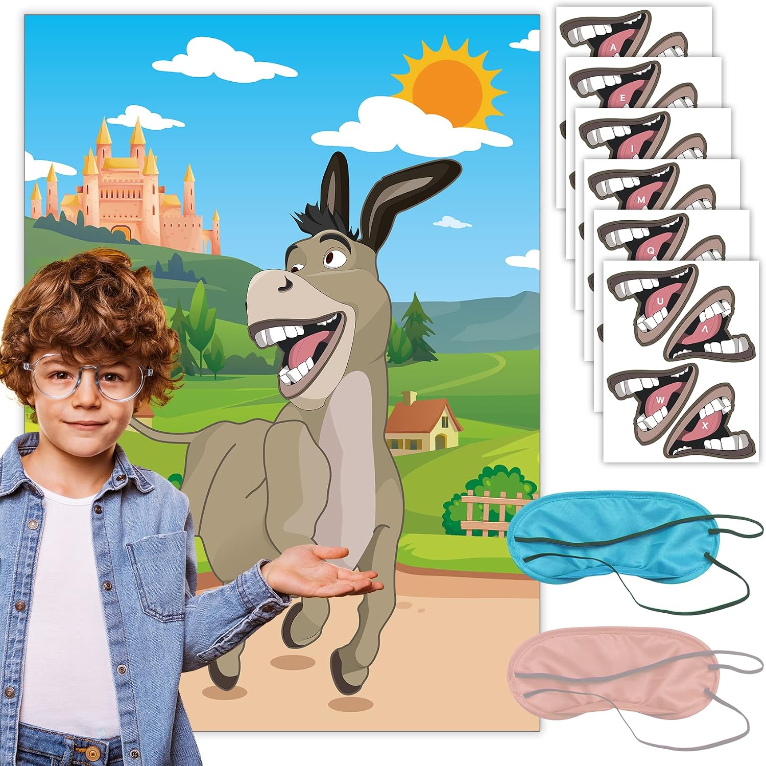 MISS FANTASY Birthday Party Games for Kids Pin The Mouth on The Donkey Pin The Tail on The Donkey Reusable 24 Stickers with 2 Blindfolds