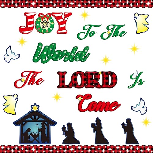 Juego de 90 piezas de decoración de tablón de anuncios cristiano de Navidad con texto en inglés "Joy to the World The Lord is Come" Christmas