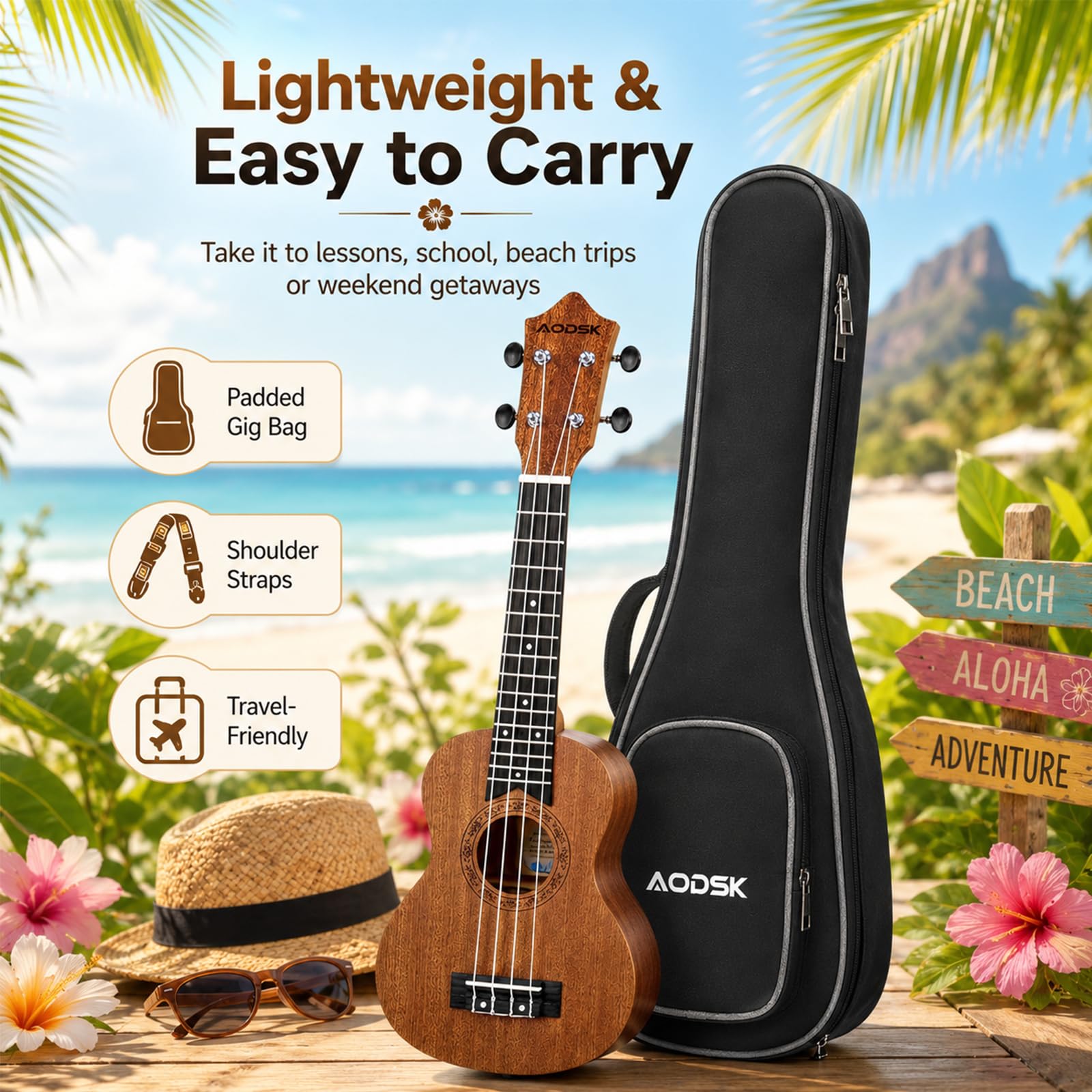 AODSK Ukulele sopranowe dla początkujących 53 cm zestaw Ukelele z torbą Gig Tuner nylonowy sznurek 4 kostki tkanina lekcja online prezent świąteczny