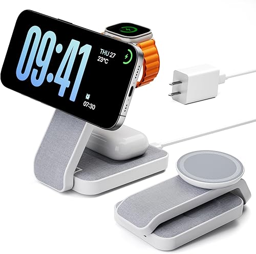 Miniatura 1 de Estación de carga de viaje inalámbrica plegable 3 en 1 para MagSafe, soporte de cargador magnético de mesita de noche para iPhone 17, 16, 15, 14 Pro